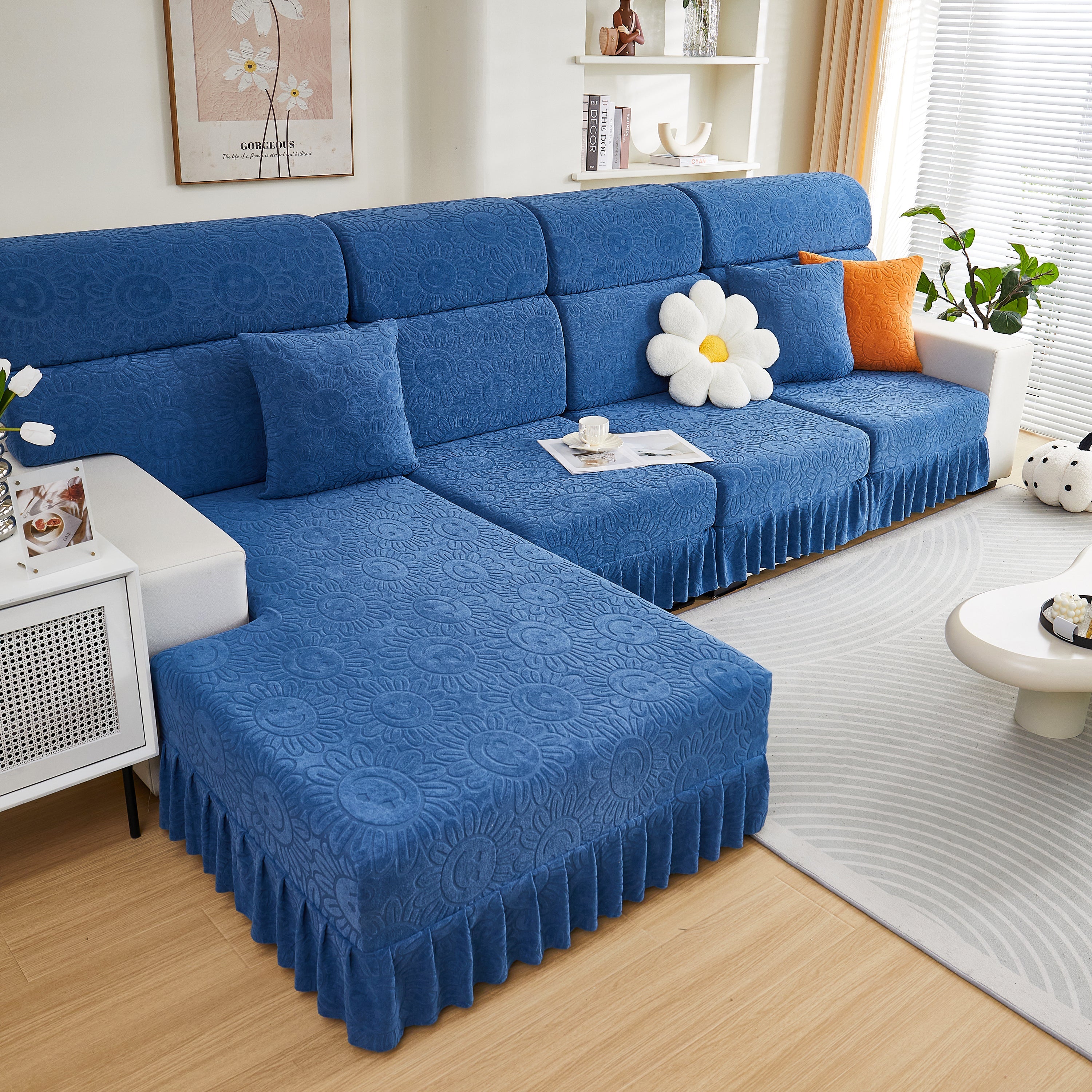 Sofa Seat Cover, Sunflower Patterned Elastic Skirted Couch Cushion Covers For 1/2/3/4-seater Sofas