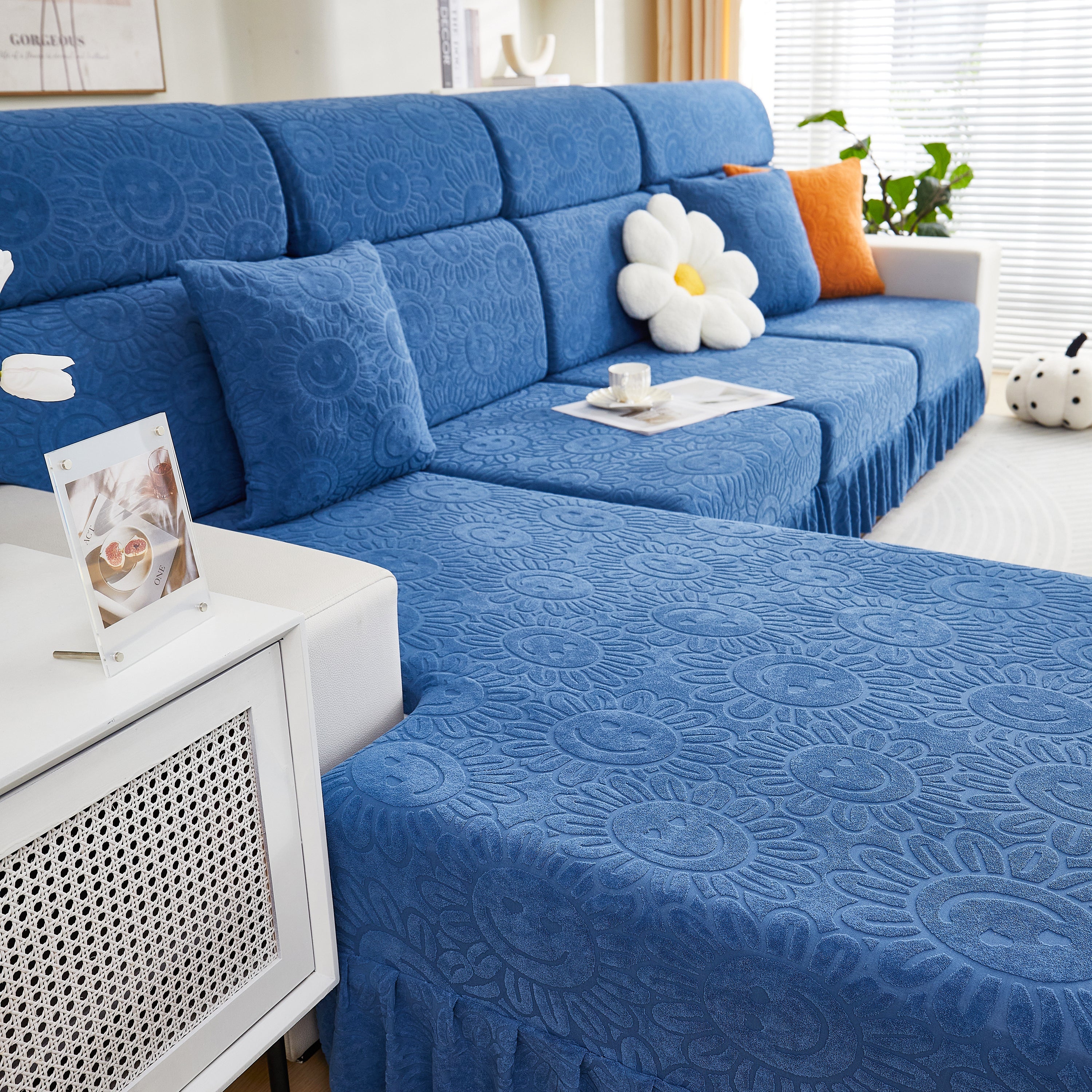 Sofa Seat Cover, Sunflower Patterned Elastic Skirted Couch Cushion Covers For 1/2/3/4-seater Sofas