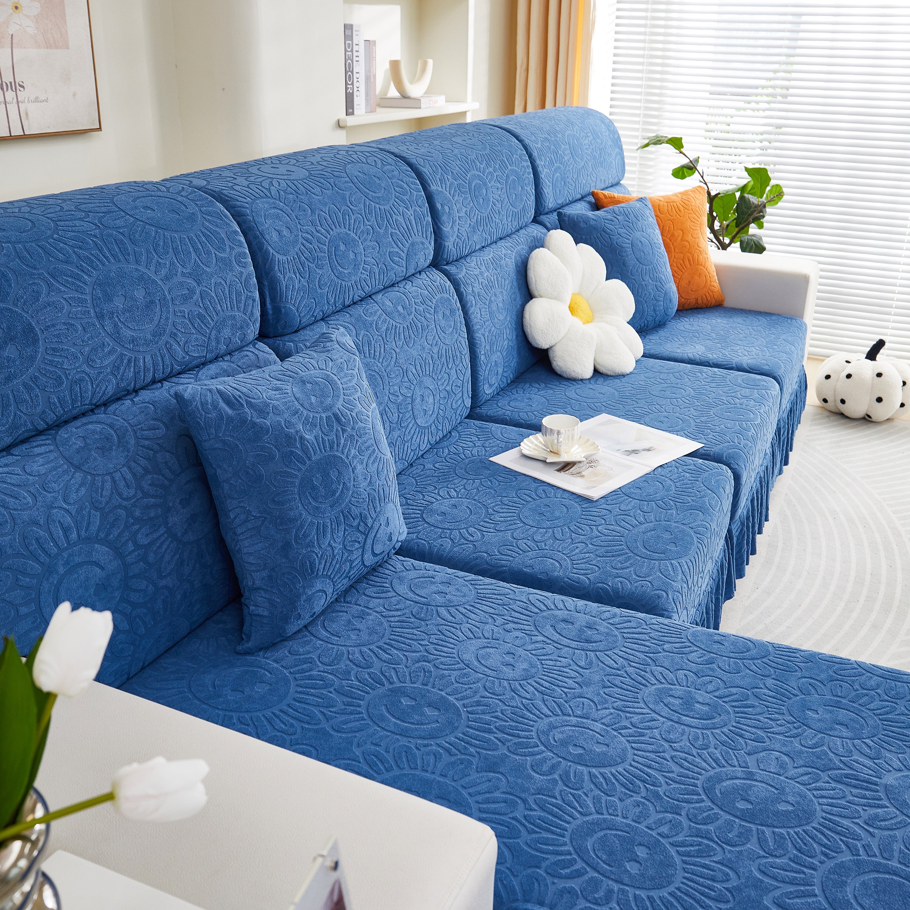Sofa Seat Cover, Sunflower Patterned Elastic Skirted Couch Cushion Covers For 1/2/3/4-seater Sofas