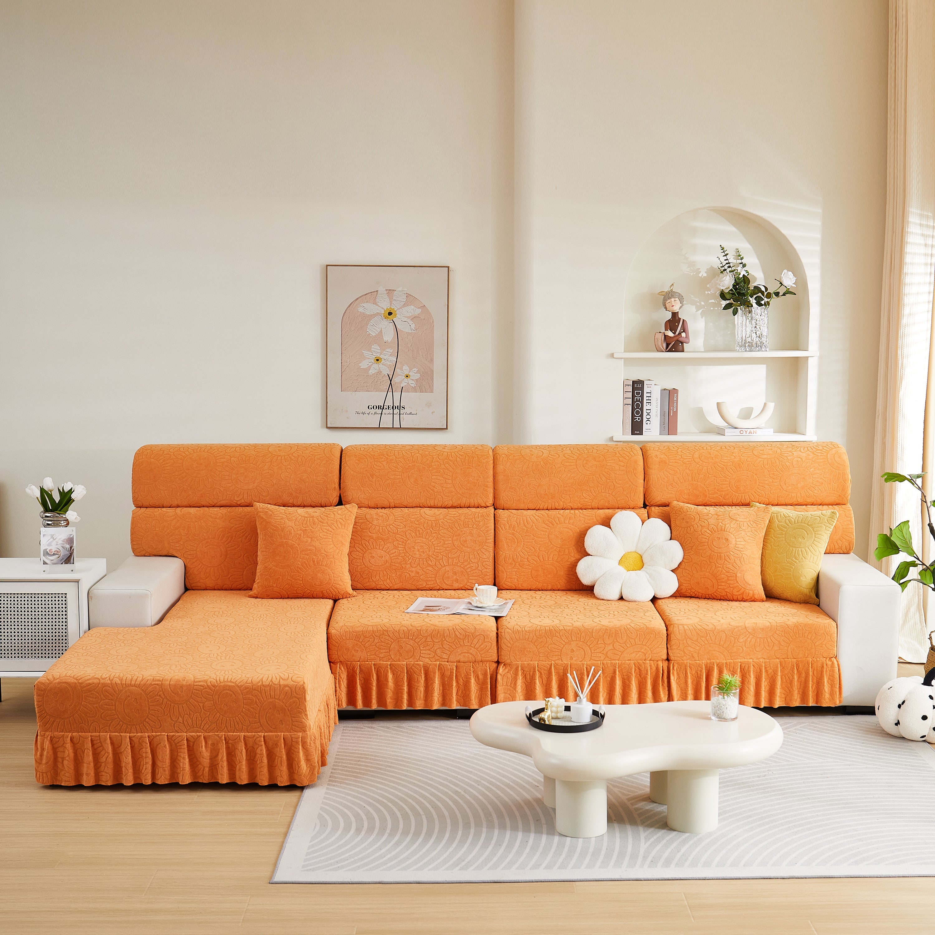 Sofa Seat Cover, Sunflower Patterned Elastic Skirted Couch Cushion Covers For 1/2/3/4-seater Sofas