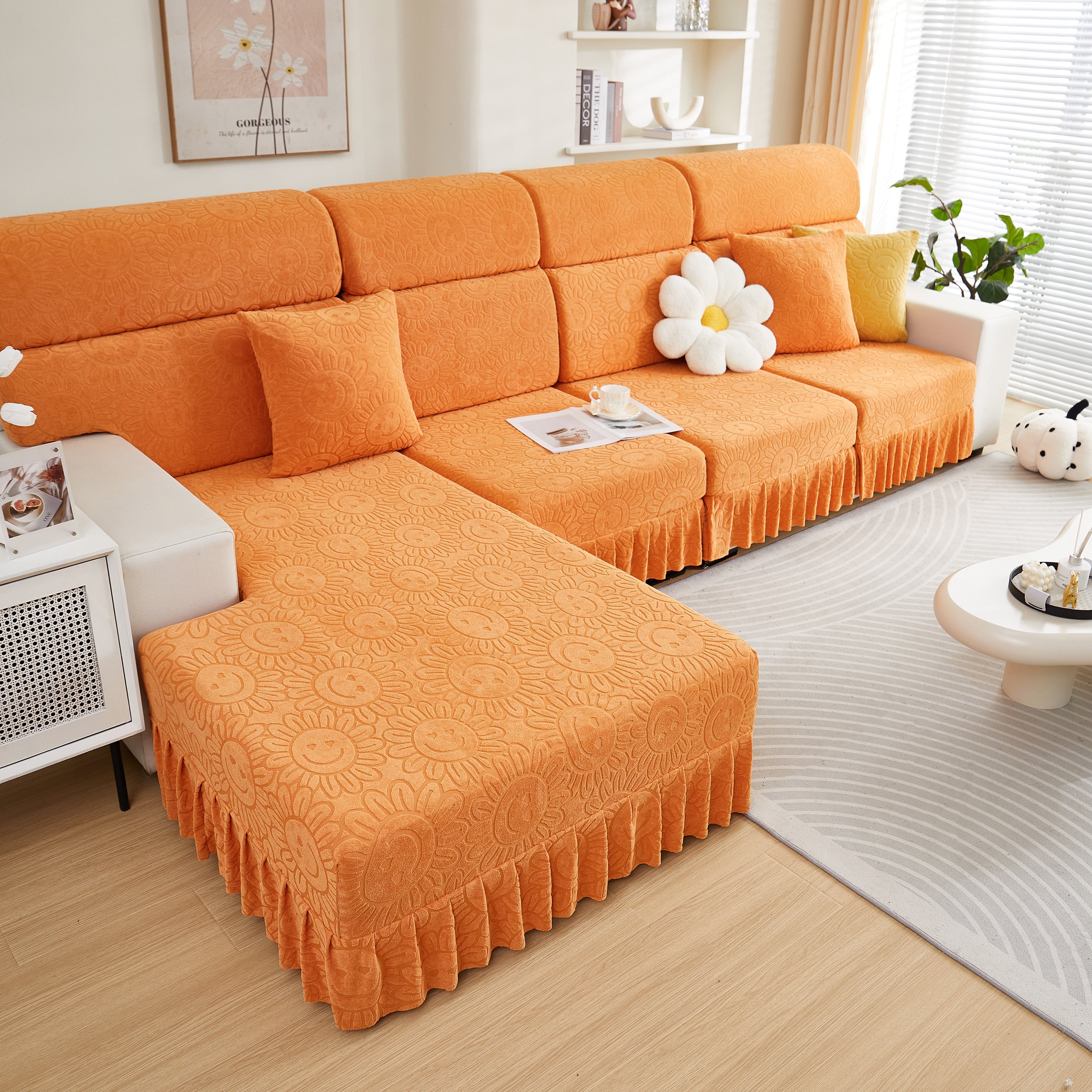 Sofa Seat Cover, Sunflower Patterned Elastic Skirted Couch Cushion Covers For 1/2/3/4-seater Sofas