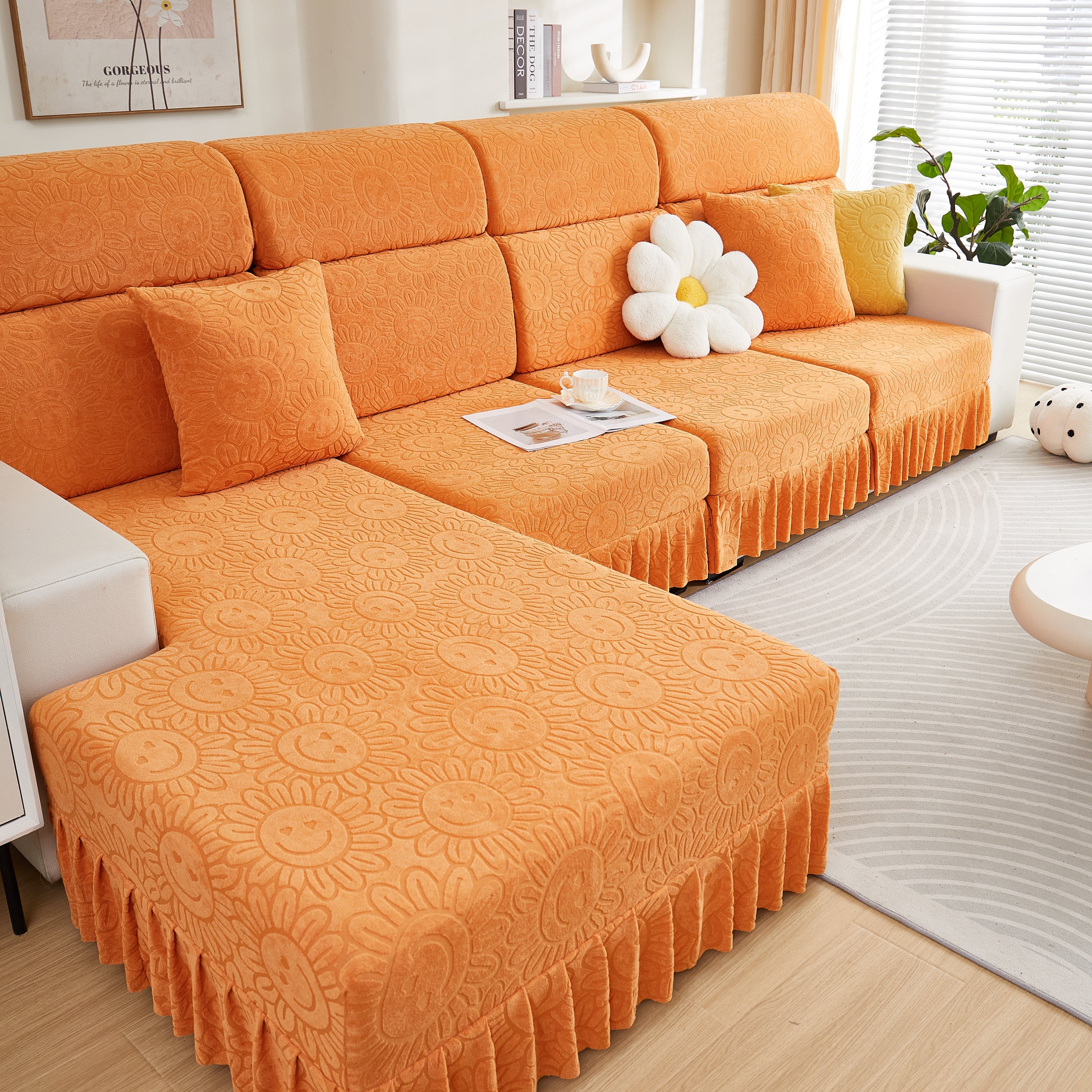 Sofa Seat Cover, Sunflower Patterned Elastic Skirted Couch Cushion Covers For 1/2/3/4-seater Sofas