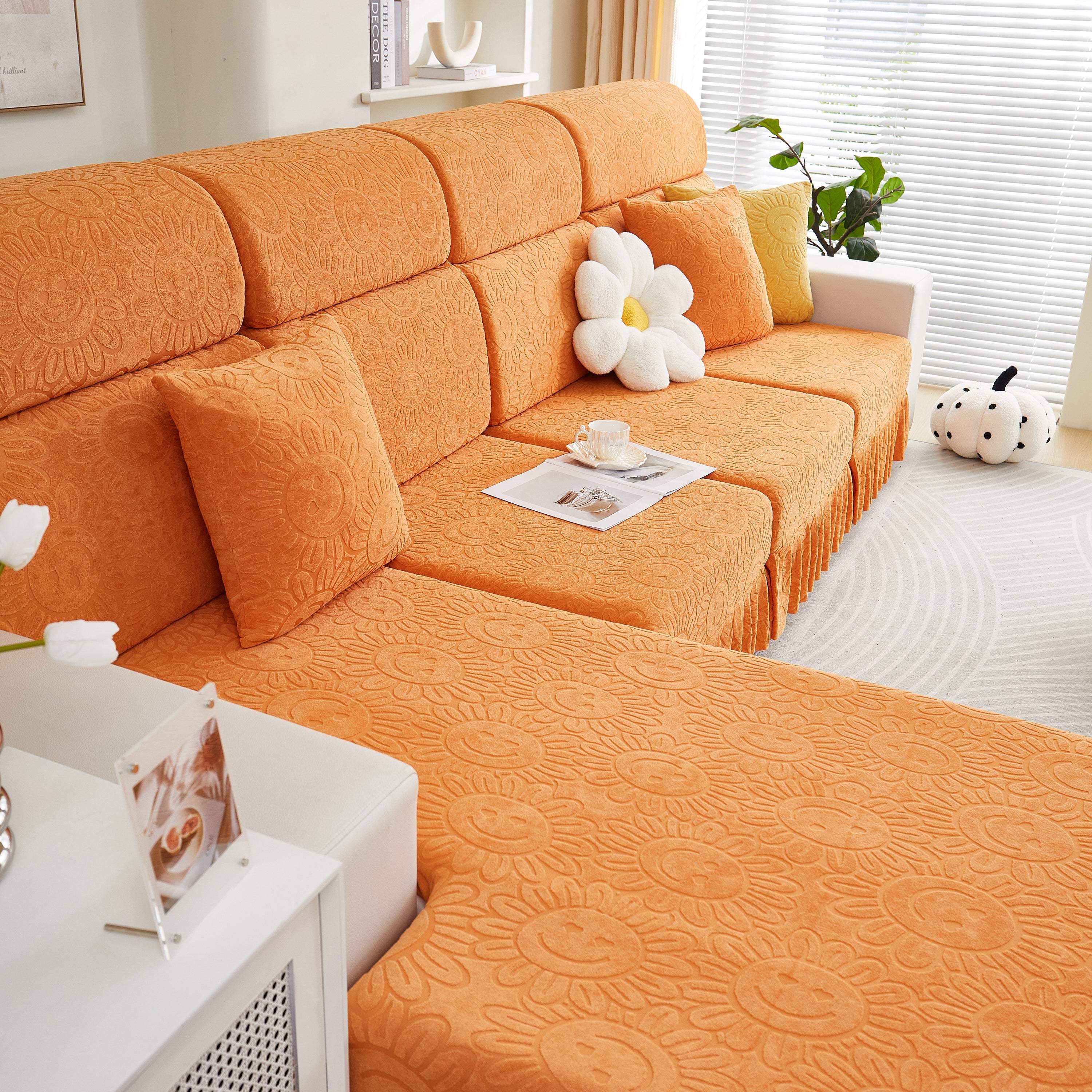 Sofa Seat Cover, Sunflower Patterned Elastic Skirted Couch Cushion Covers For 1/2/3/4-seater Sofas