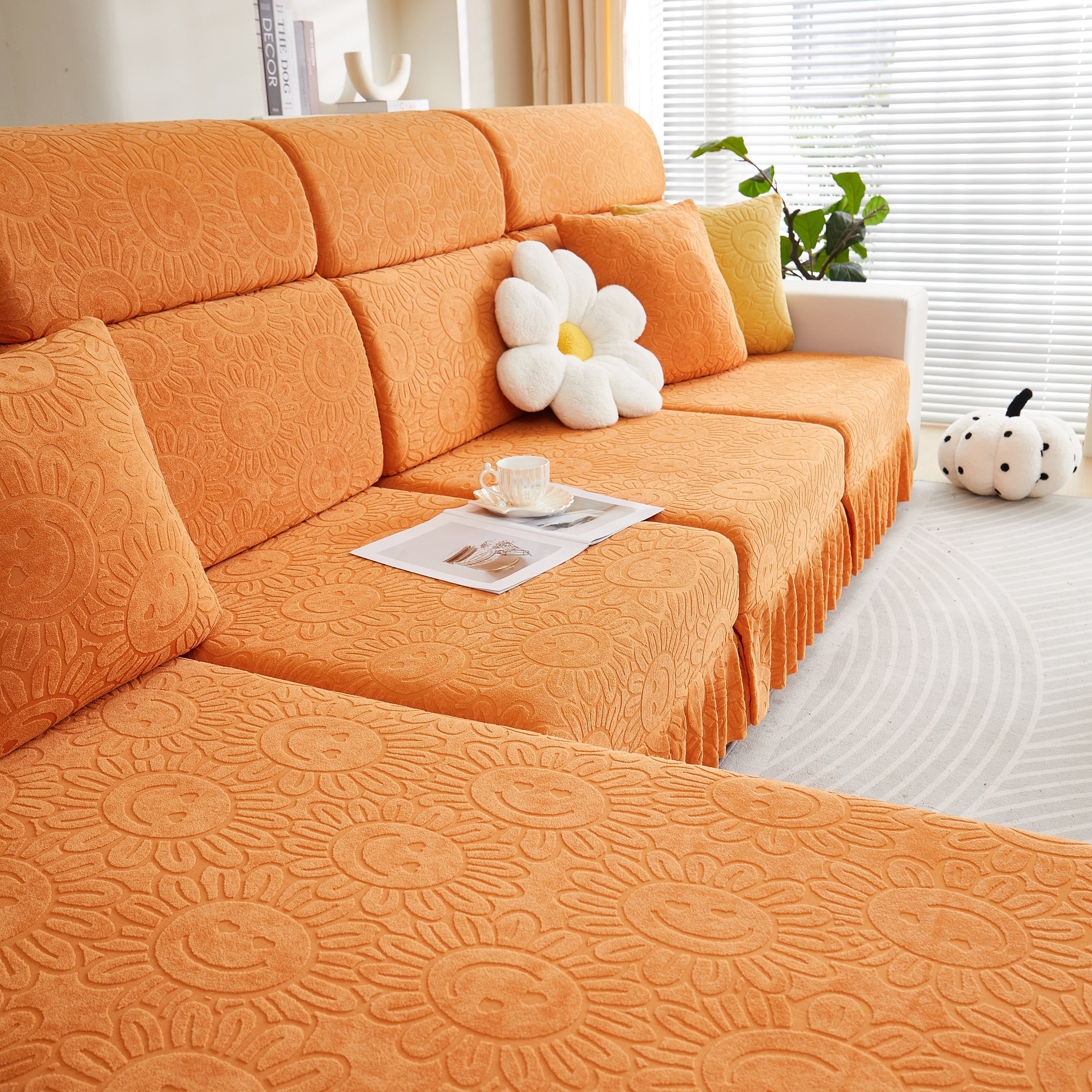 Sofa Seat Cover, Sunflower Patterned Elastic Skirted Couch Cushion Covers For 1/2/3/4-seater Sofas