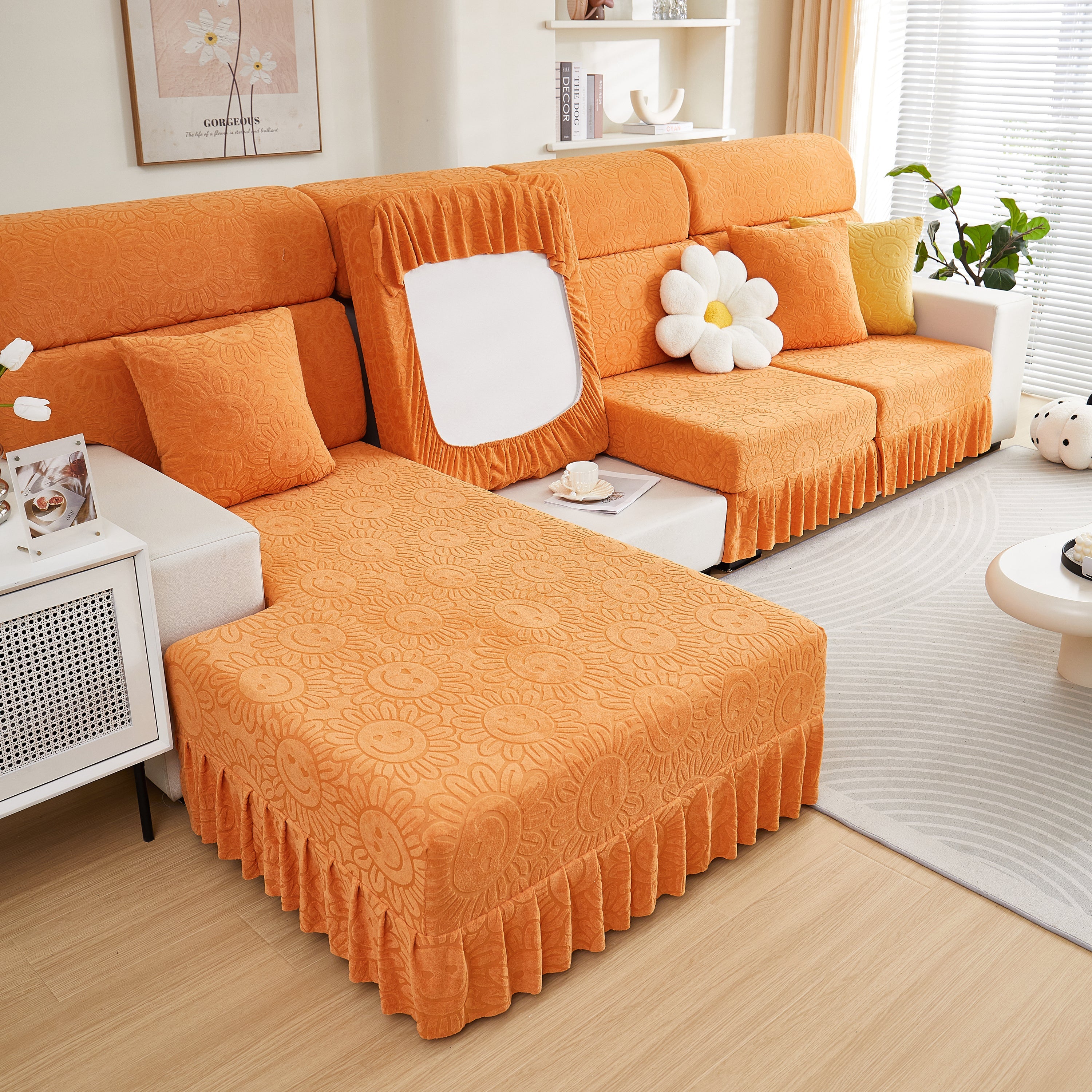 Sofa Seat Cover, Sunflower Patterned Elastic Skirted Couch Cushion Covers For 1/2/3/4-seater Sofas