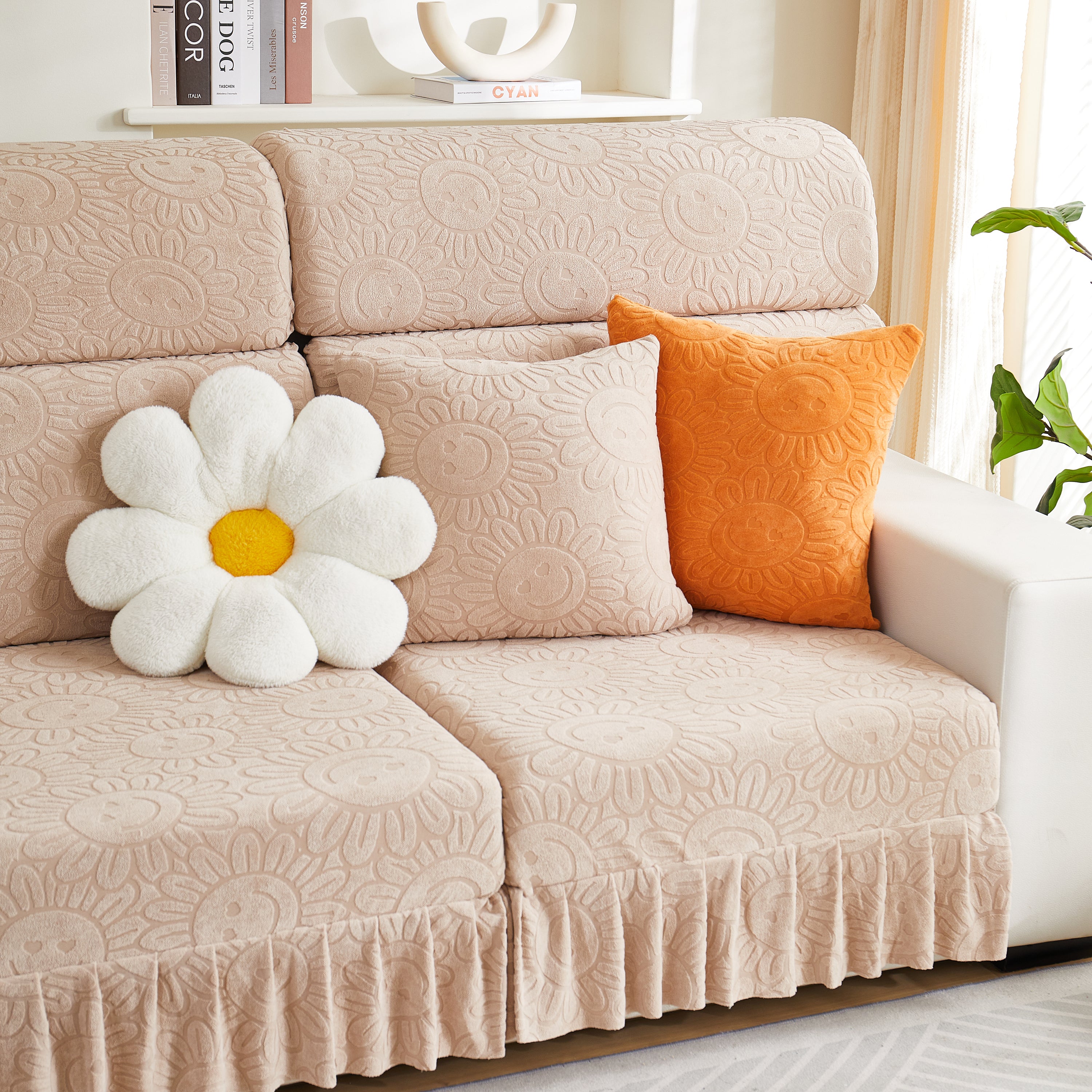 Sofa Seat Cover, Sunflower Patterned Elastic Skirted Couch Cushion Covers For 1/2/3/4-seater Sofas