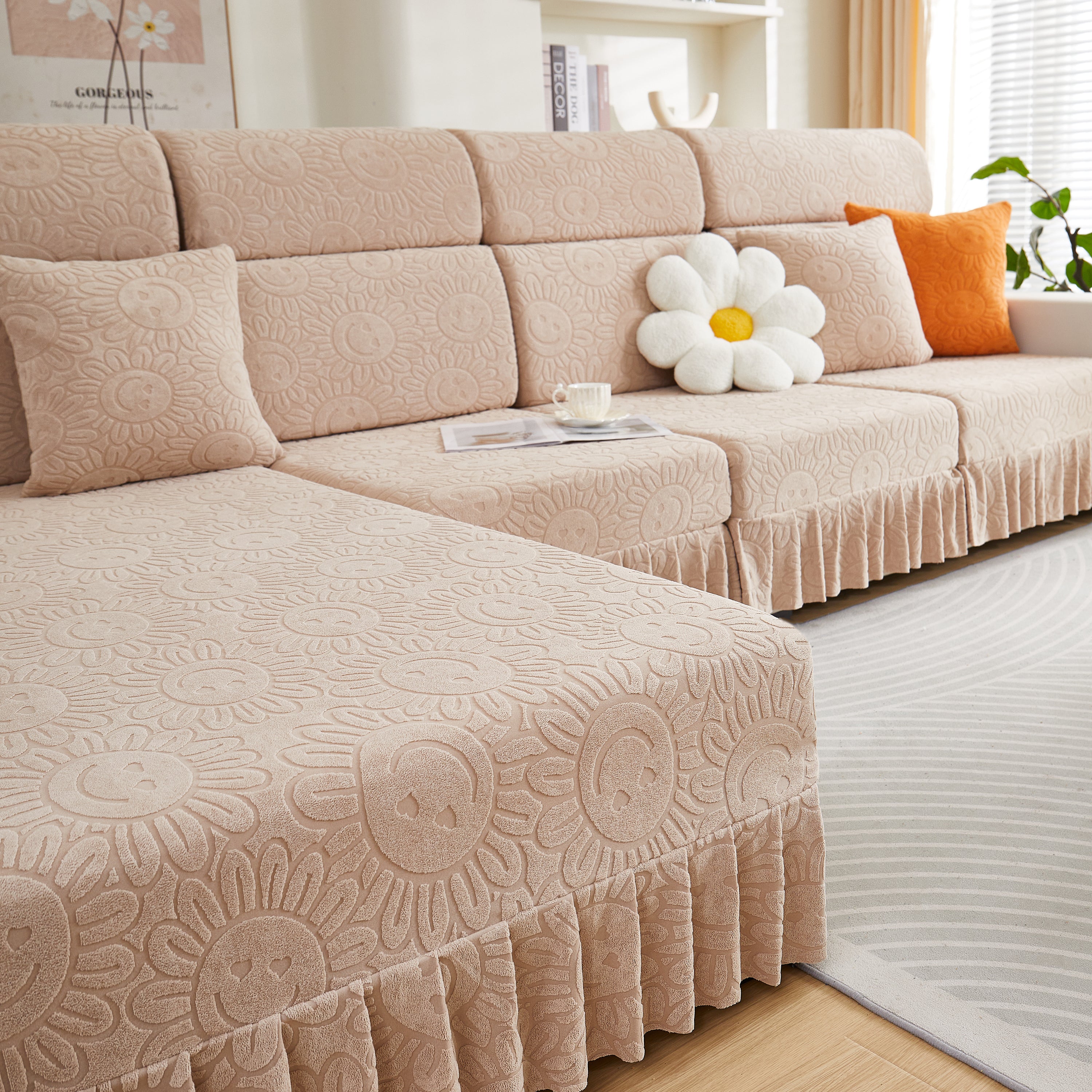Sofa Seat Cover, Sunflower Patterned Elastic Skirted Couch Cushion Covers For 1/2/3/4-seater Sofas