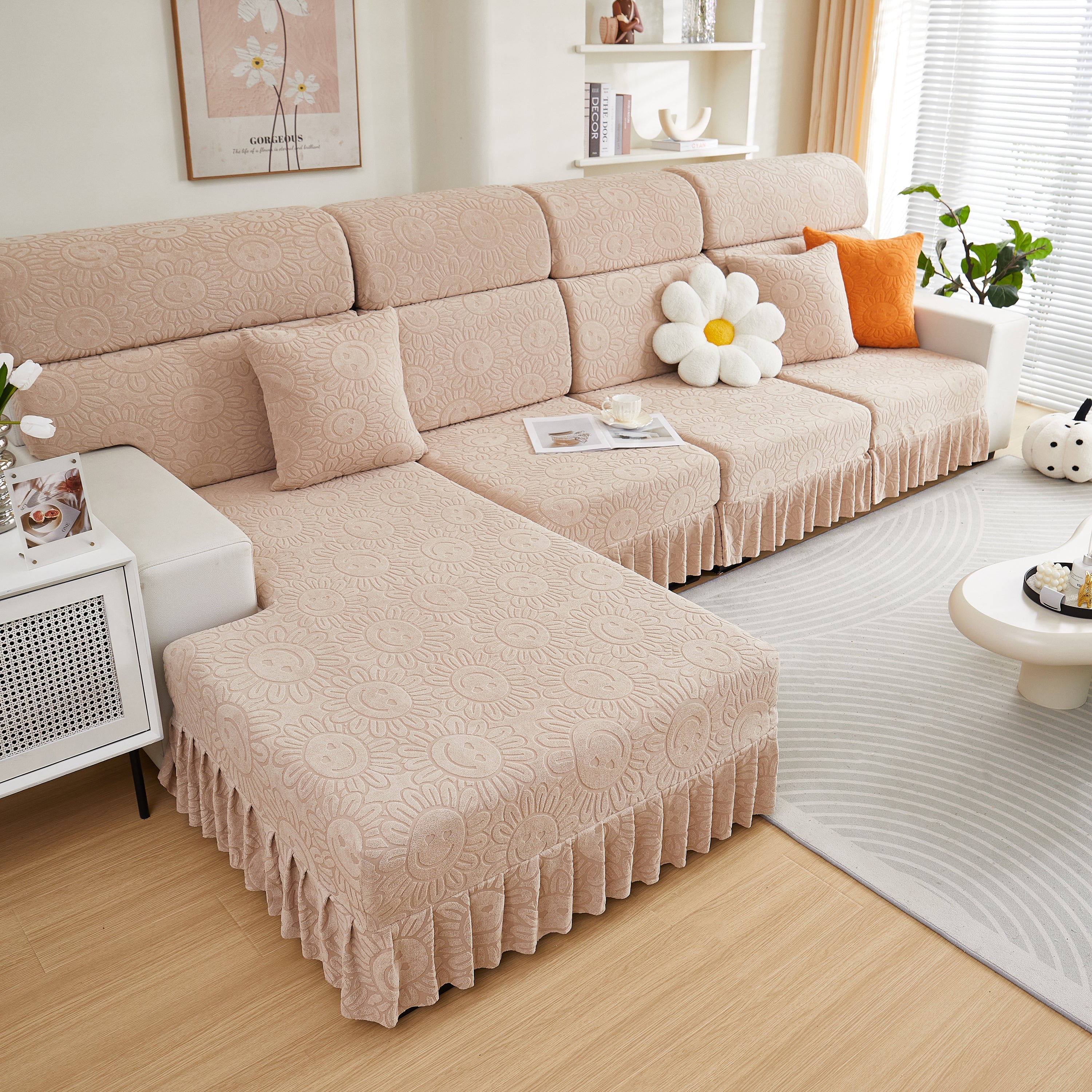 Sofa Seat Cover, Sunflower Patterned Elastic Skirted Couch Cushion Covers For 1/2/3/4-seater Sofas