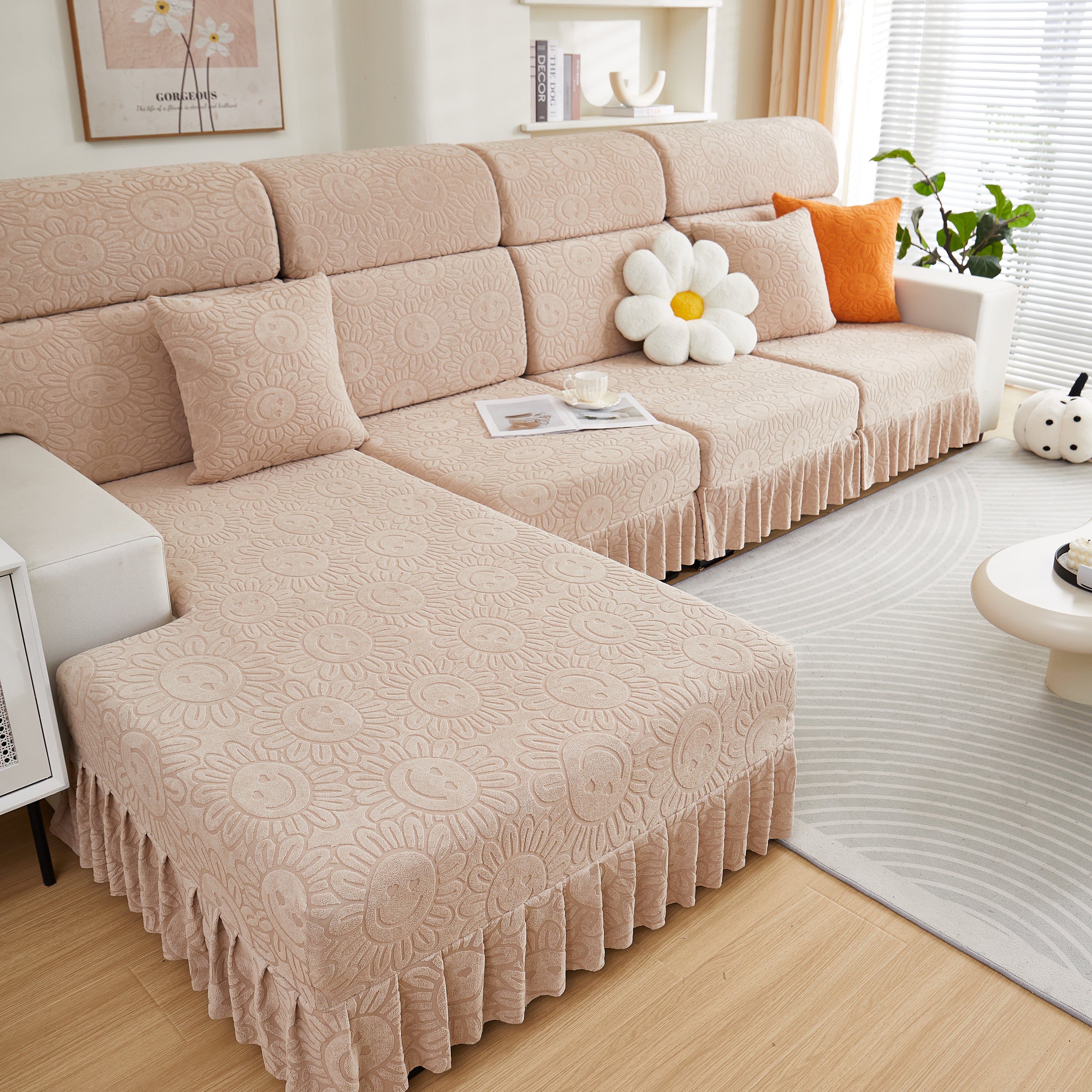Sofa Seat Cover, Sunflower Patterned Elastic Skirted Couch Cushion Covers For 1/2/3/4-seater Sofas