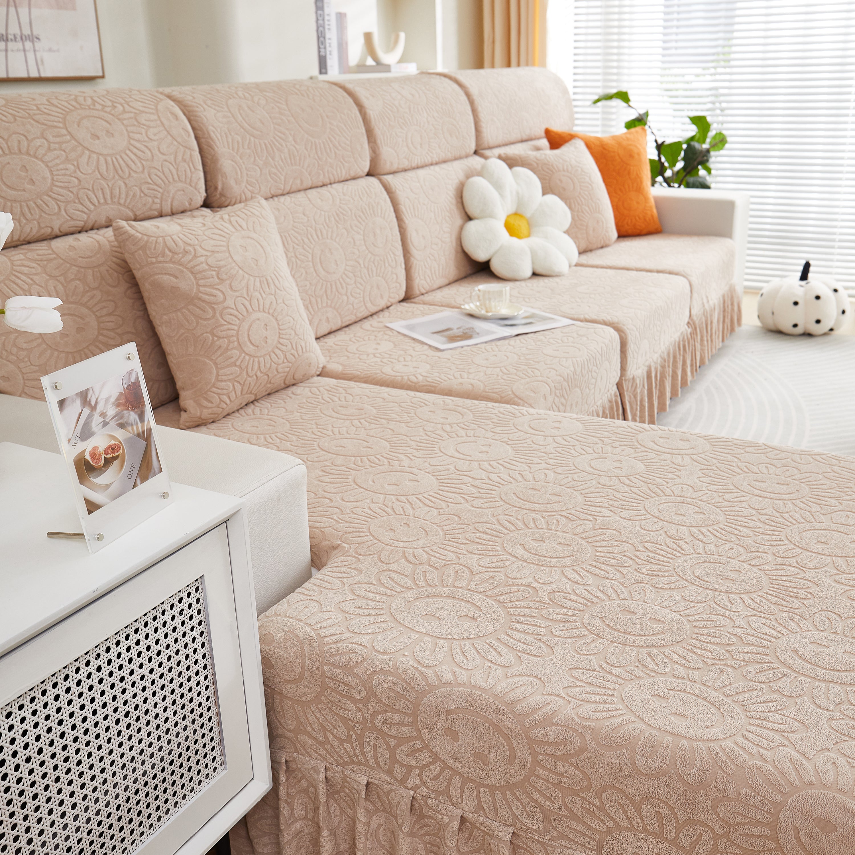 Sofa Seat Cover, Sunflower Patterned Elastic Skirted Couch Cushion Covers For 1/2/3/4-seater Sofas