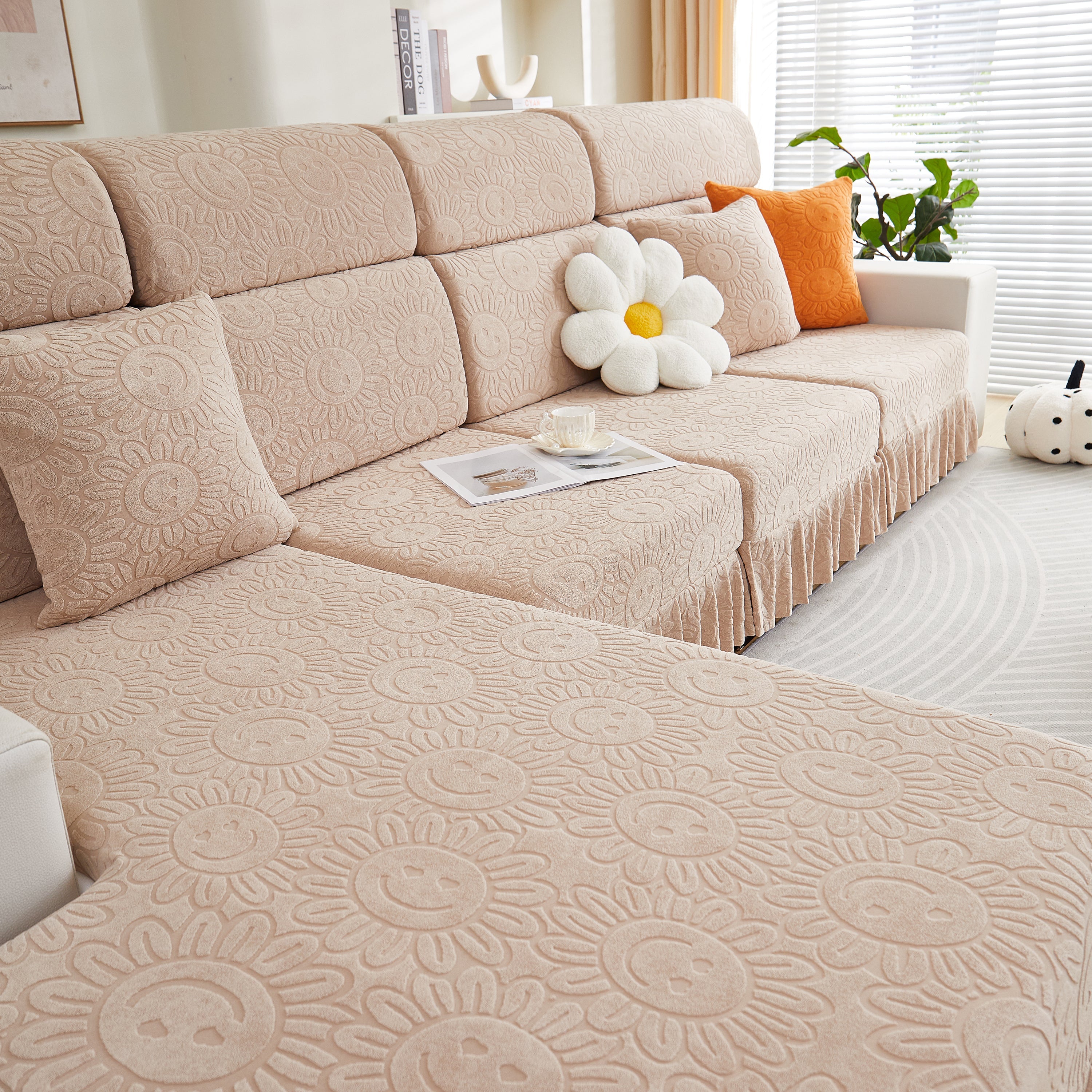 Sofa Seat Cover, Sunflower Patterned Elastic Skirted Couch Cushion Covers For 1/2/3/4-seater Sofas