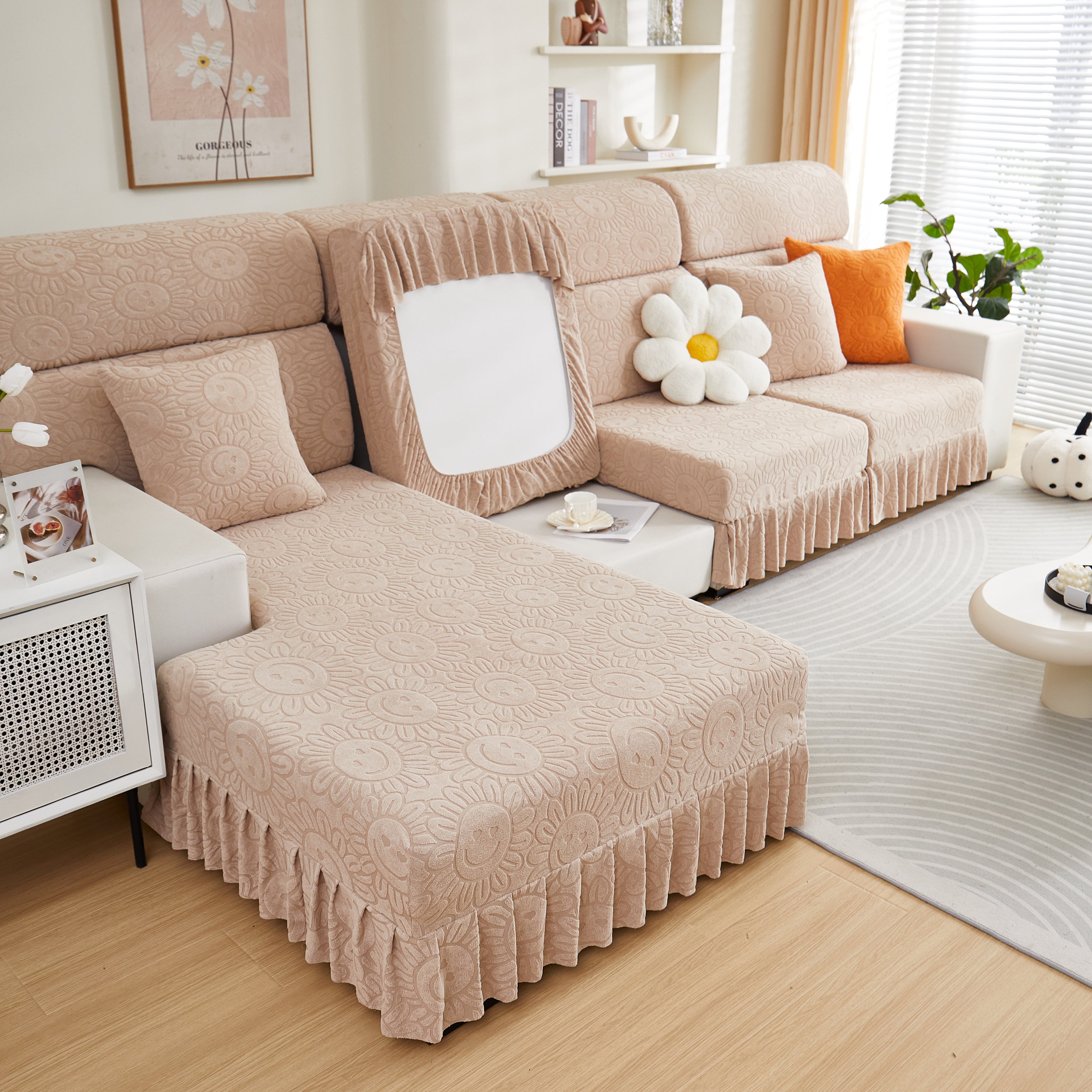 Sofa Seat Cover, Sunflower Patterned Elastic Skirted Couch Cushion Covers For 1/2/3/4-seater Sofas