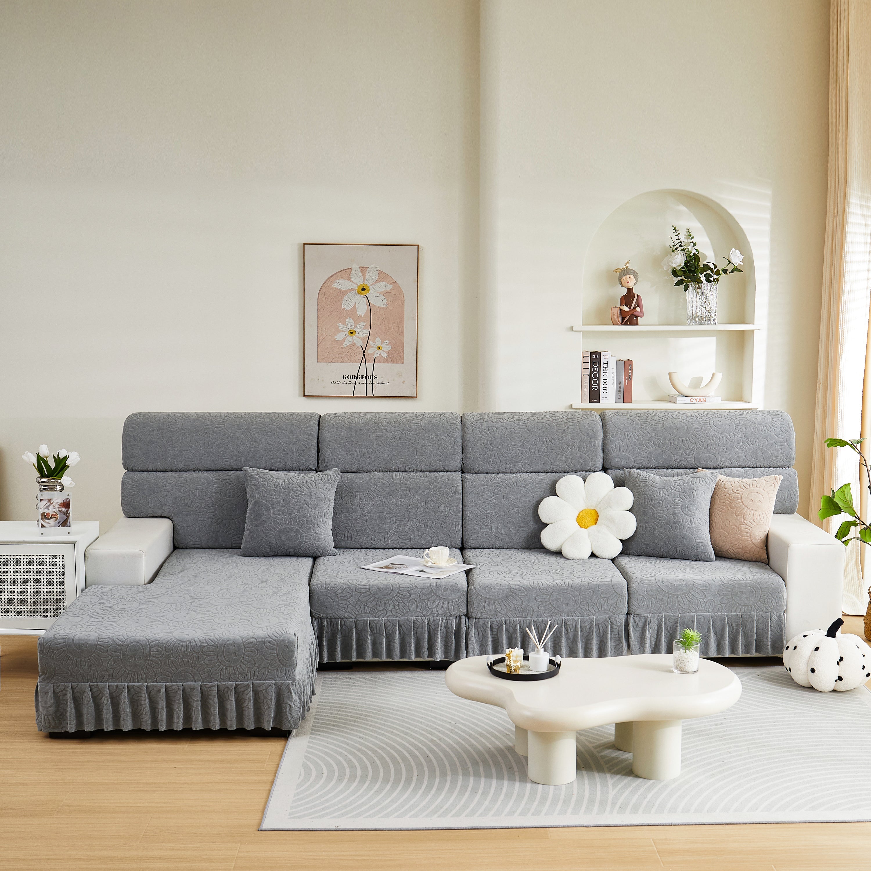 Sofa Seat Cover, Sunflower Patterned Elastic Skirted Couch Cushion Covers For 1/2/3/4-seater Sofas