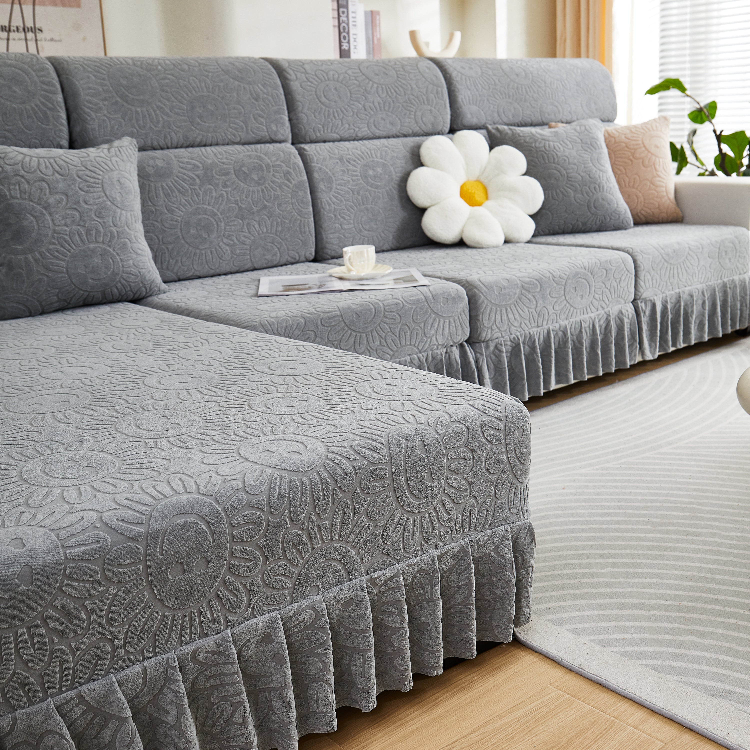 Sofa Seat Cover, Sunflower Patterned Elastic Skirted Couch Cushion Covers For 1/2/3/4-seater Sofas