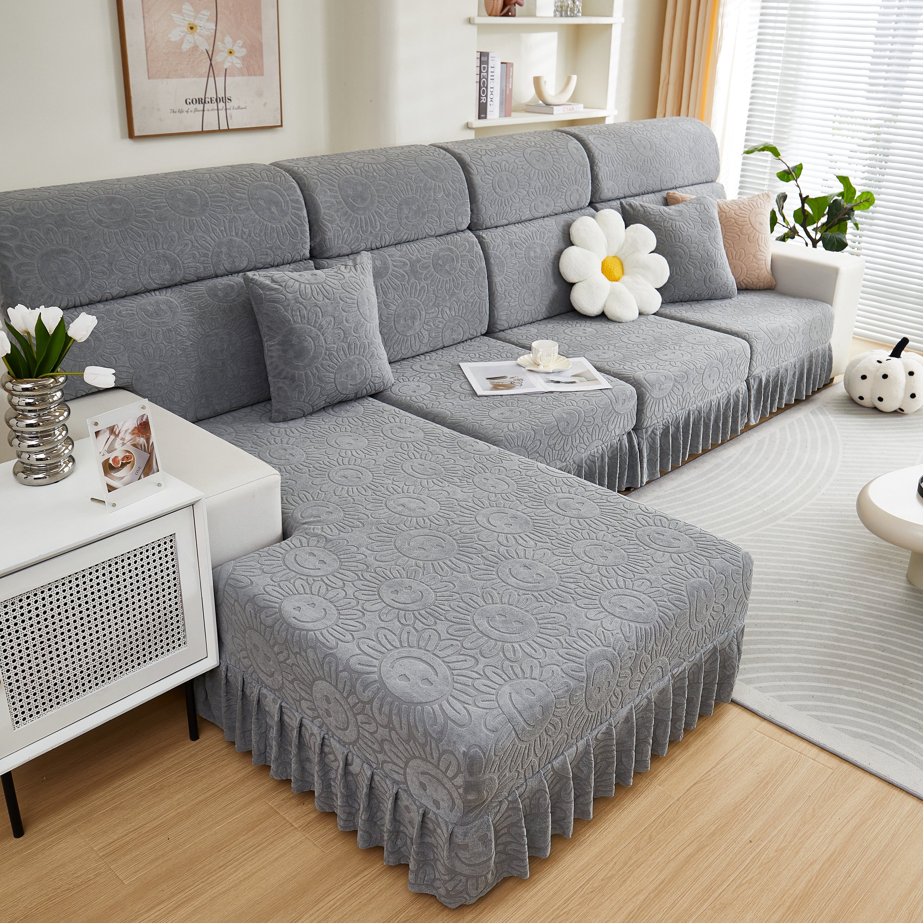 Sofa Seat Cover, Sunflower Patterned Elastic Skirted Couch Cushion Covers For 1/2/3/4-seater Sofas