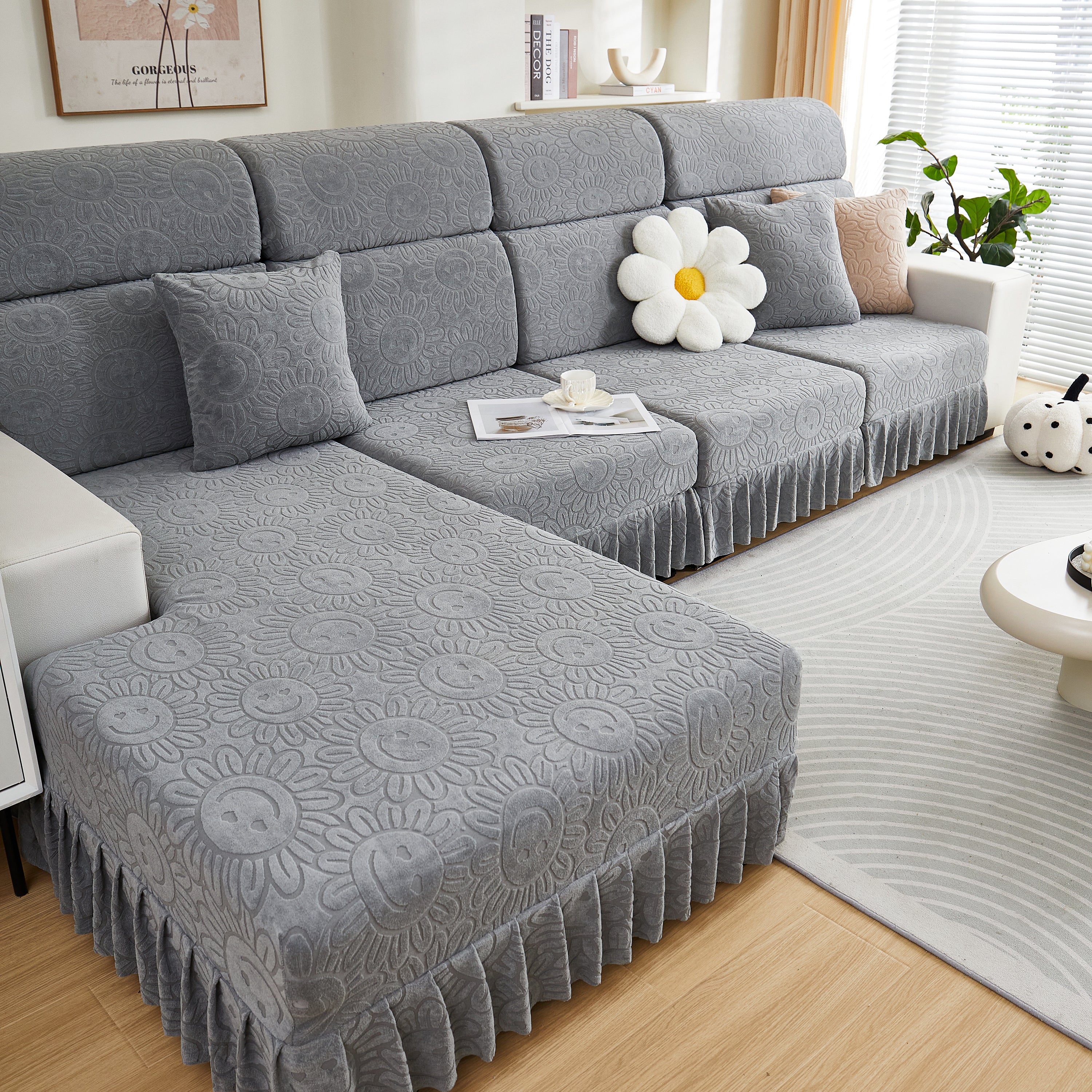 Sofa Seat Cover, Sunflower Patterned Elastic Skirted Couch Cushion Covers For 1/2/3/4-seater Sofas