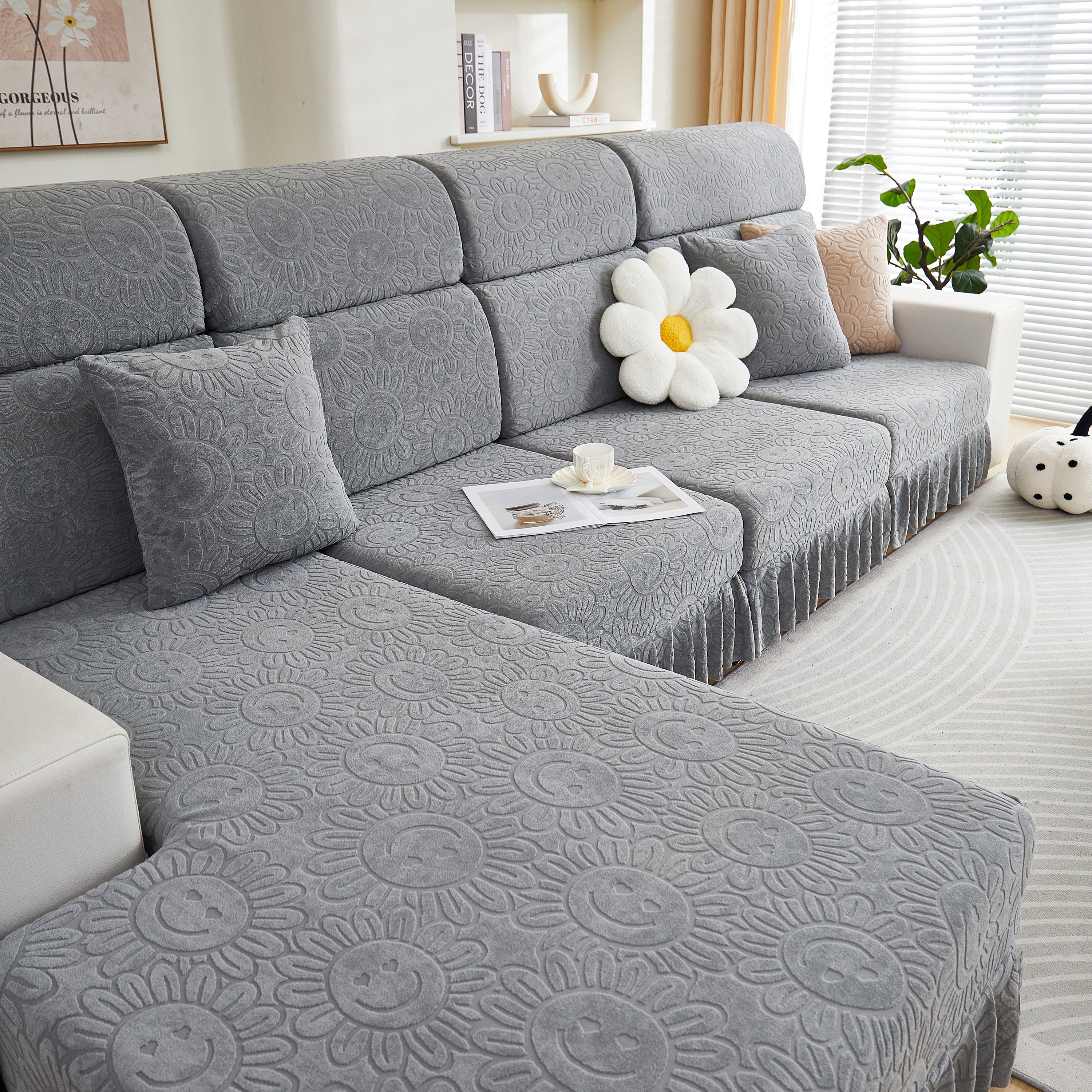 Sofa Seat Cover, Sunflower Patterned Elastic Skirted Couch Cushion Covers For 1/2/3/4-seater Sofas