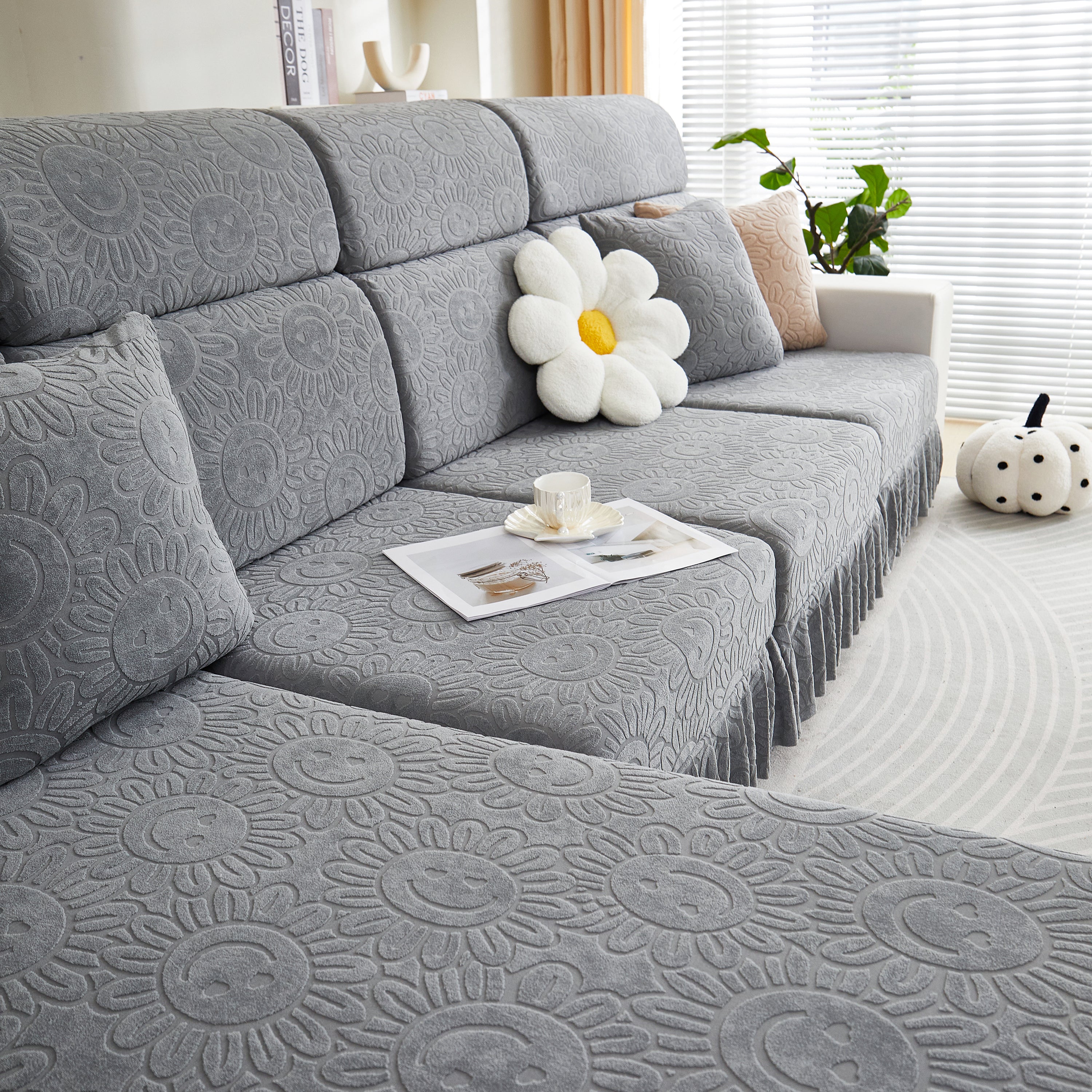 Sofa Seat Cover, Sunflower Patterned Elastic Skirted Couch Cushion Covers For 1/2/3/4-seater Sofas