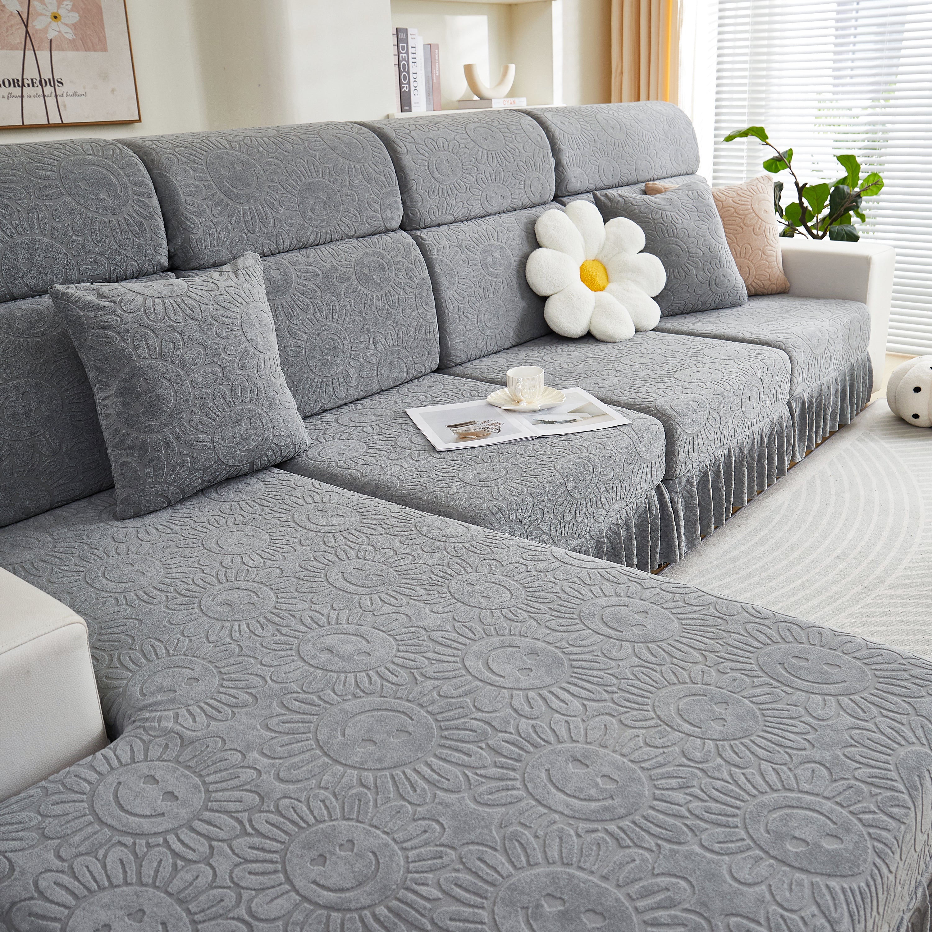 Sofa Seat Cover, Sunflower Patterned Elastic Skirted Couch Cushion Covers For 1/2/3/4-seater Sofas