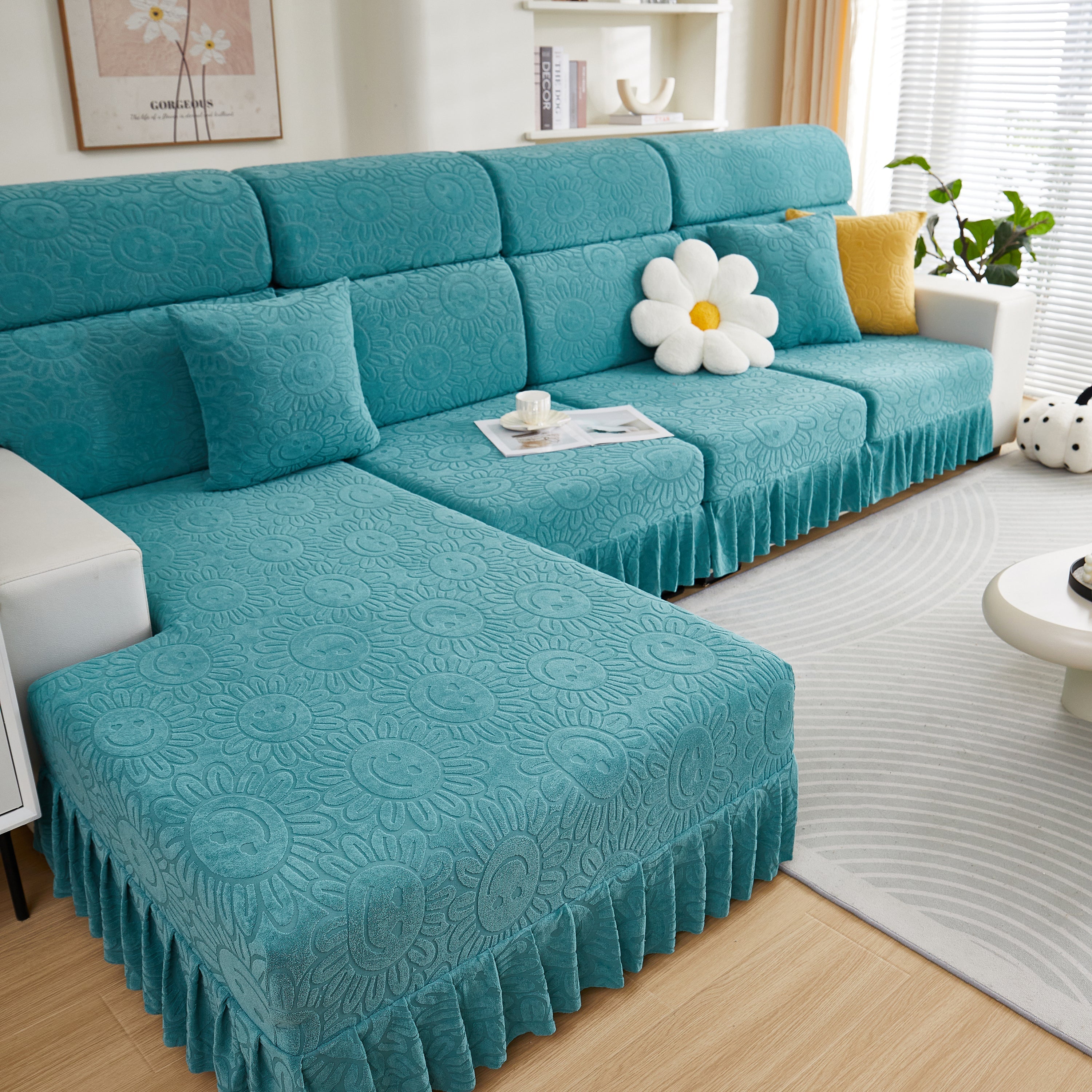 Sofa Seat Cover, Sunflower Patterned Elastic Skirted Couch Cushion Covers For 1/2/3/4-seater Sofas