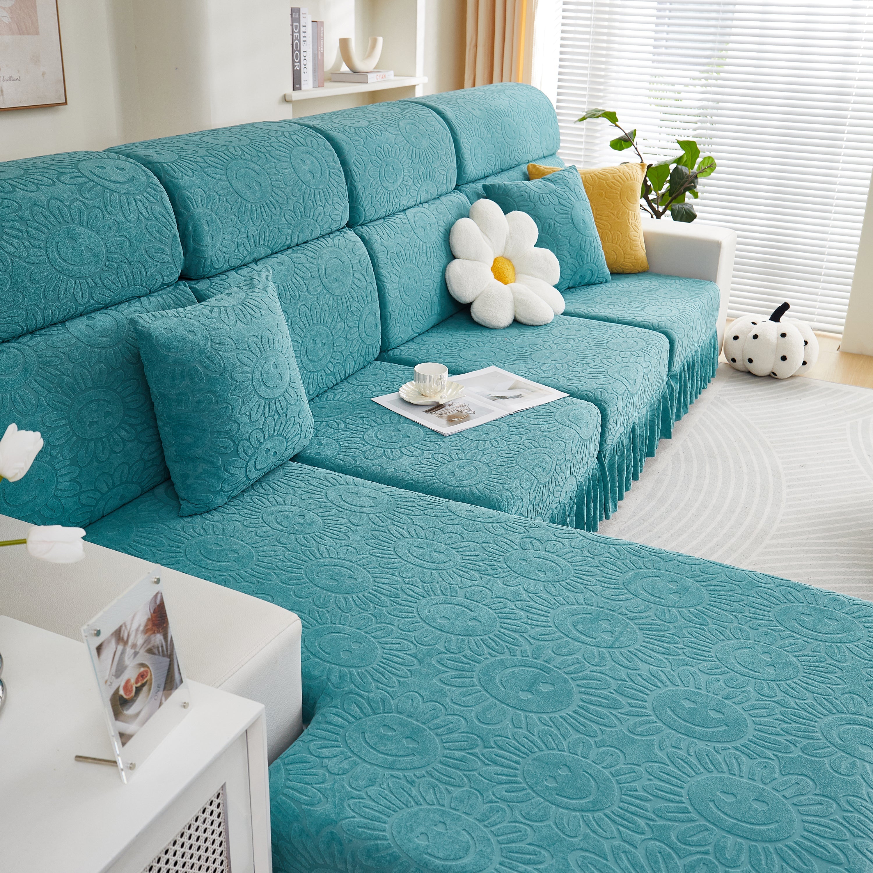 Sofa Seat Cover, Sunflower Patterned Elastic Skirted Couch Cushion Covers For 1/2/3/4-seater Sofas
