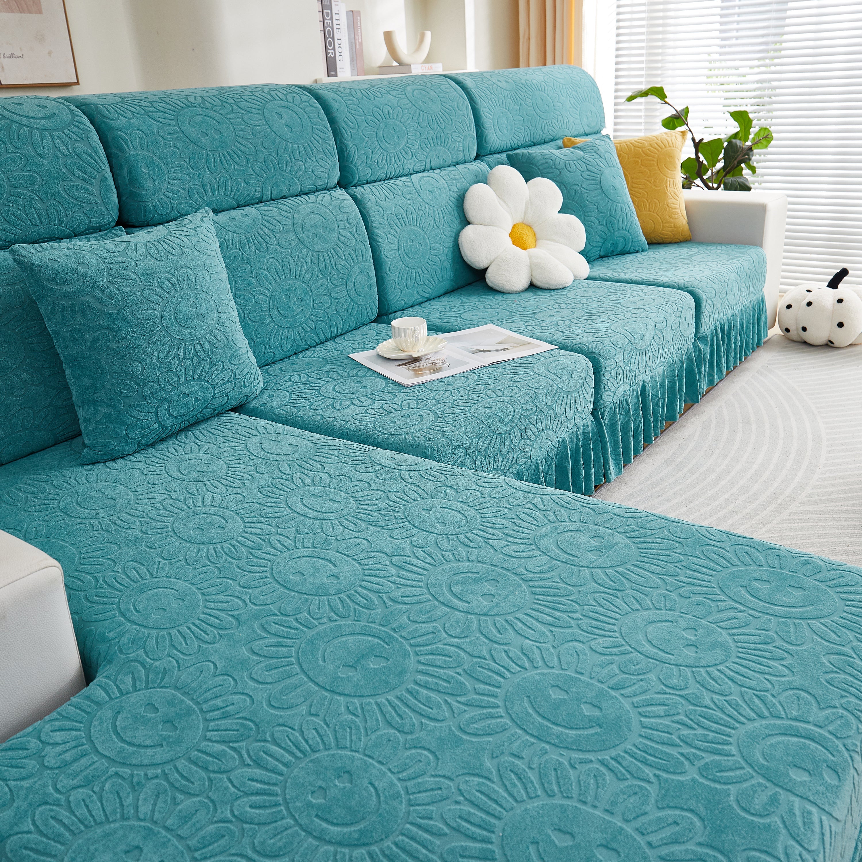 Sofa Seat Cover, Sunflower Patterned Elastic Skirted Couch Cushion Covers For 1/2/3/4-seater Sofas