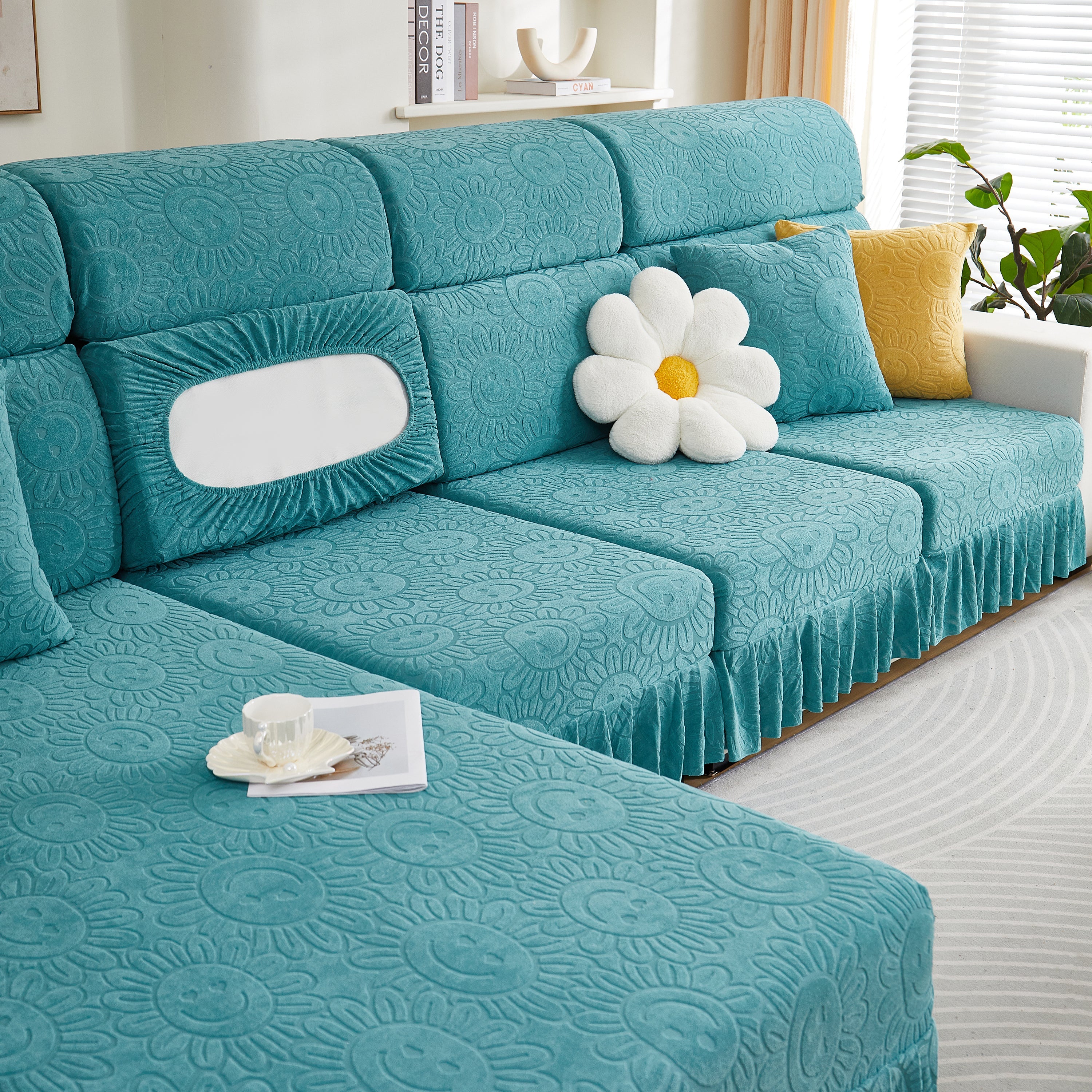 Sofa Seat Cover, Sunflower Patterned Elastic Skirted Couch Cushion Covers For 1/2/3/4-seater Sofas