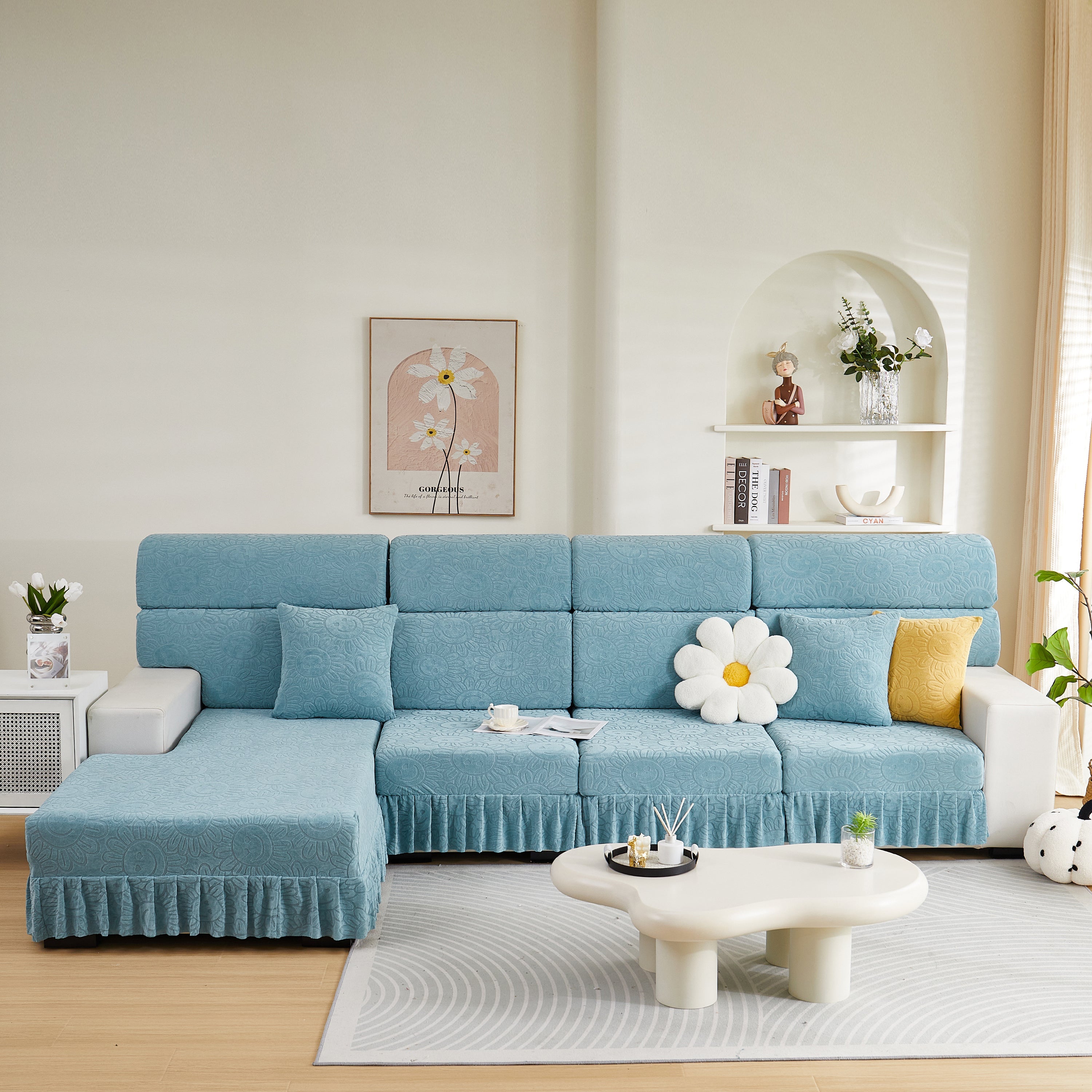 Sofa Seat Cover, Sunflower Patterned Elastic Skirted Couch Cushion Covers For 1/2/3/4-seater Sofas