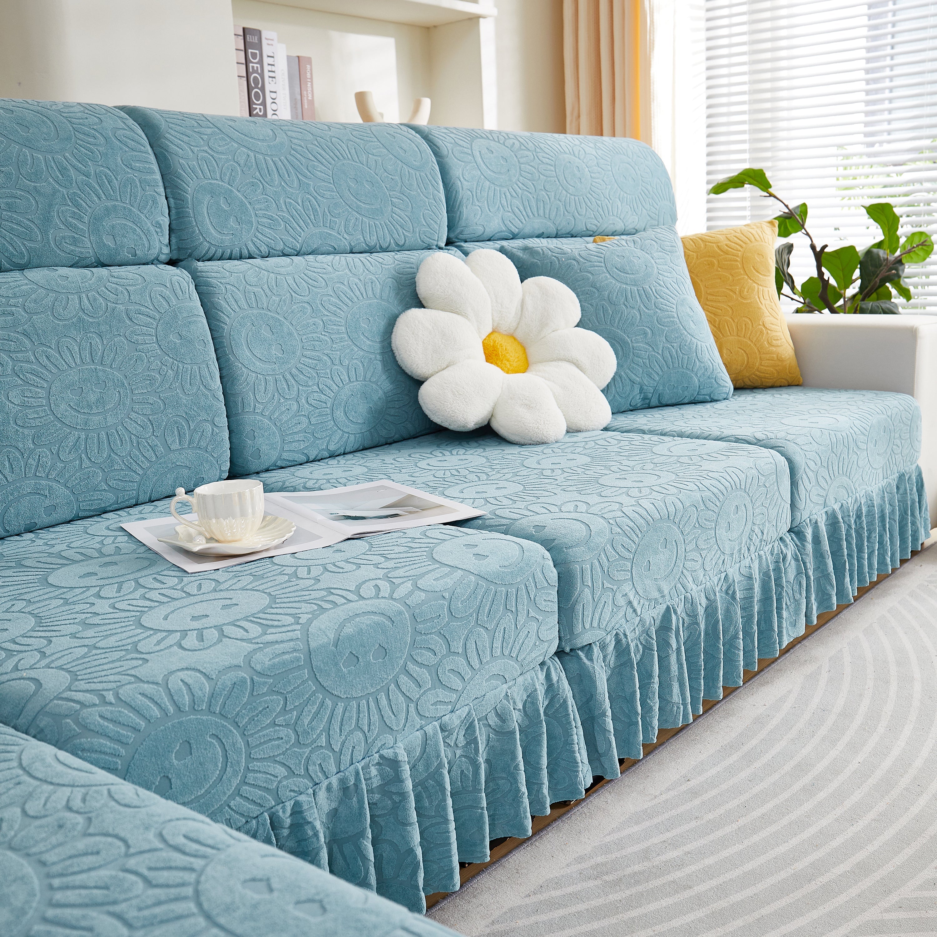 Sofa Seat Cover, Sunflower Patterned Elastic Skirted Couch Cushion Covers For 1/2/3/4-seater Sofas
