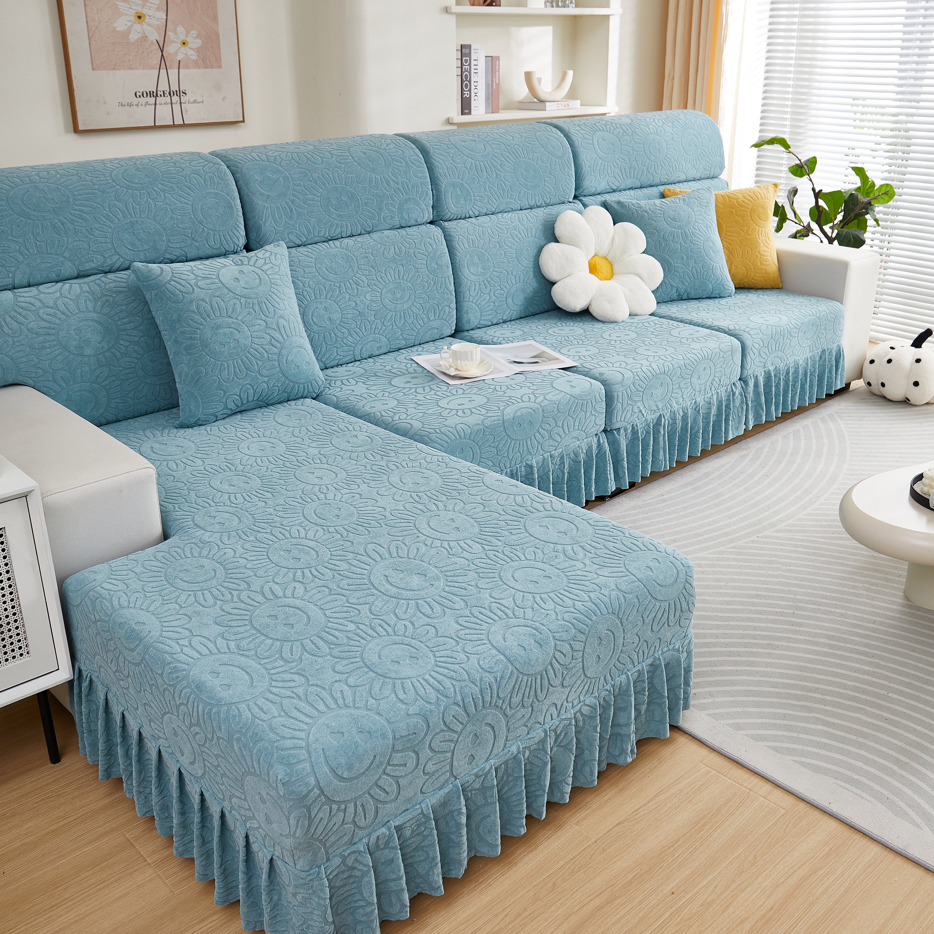 Sofa Seat Cover, Sunflower Patterned Elastic Skirted Couch Cushion Covers For 1/2/3/4-seater Sofas