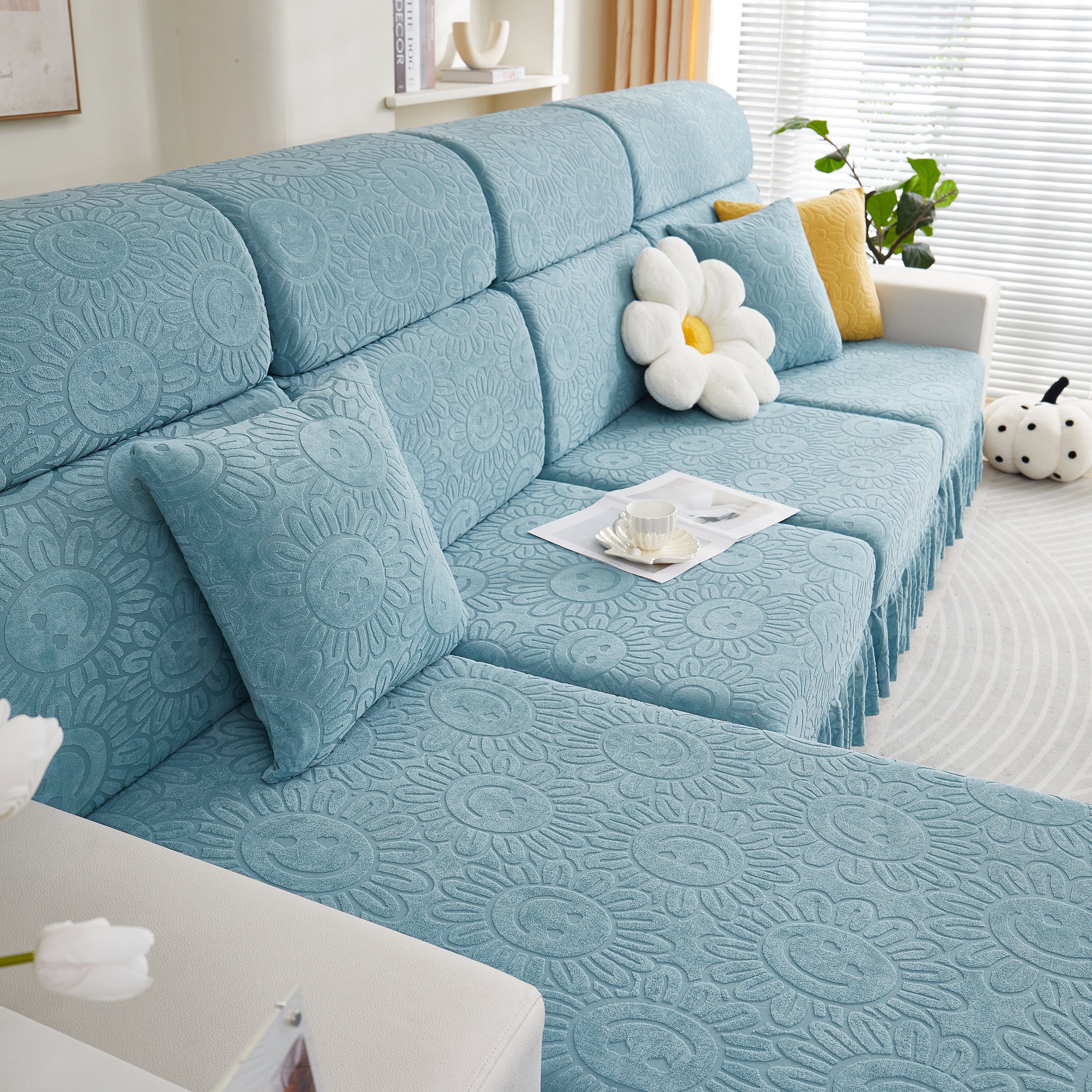 Sofa Seat Cover, Sunflower Patterned Elastic Skirted Couch Cushion Covers For 1/2/3/4-seater Sofas