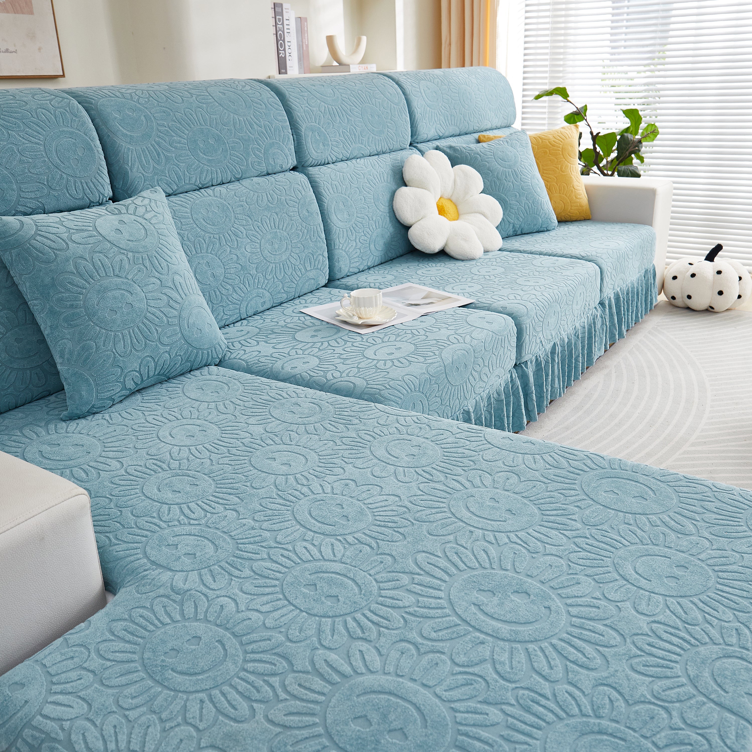 Sofa Seat Cover, Sunflower Patterned Elastic Skirted Couch Cushion Covers For 1/2/3/4-seater Sofas