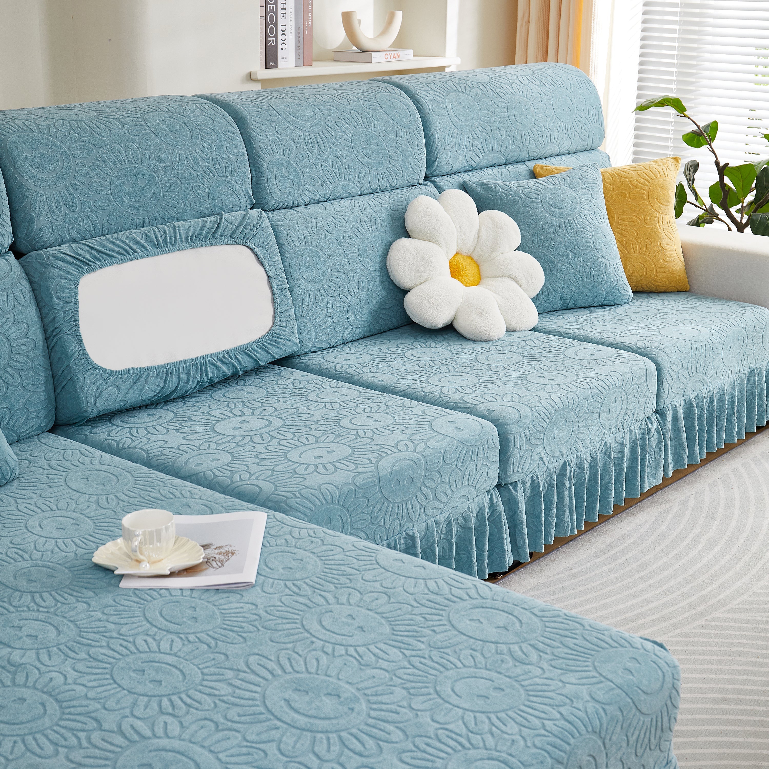 Sofa Seat Cover, Sunflower Patterned Elastic Skirted Couch Cushion Covers For 1/2/3/4-seater Sofas
