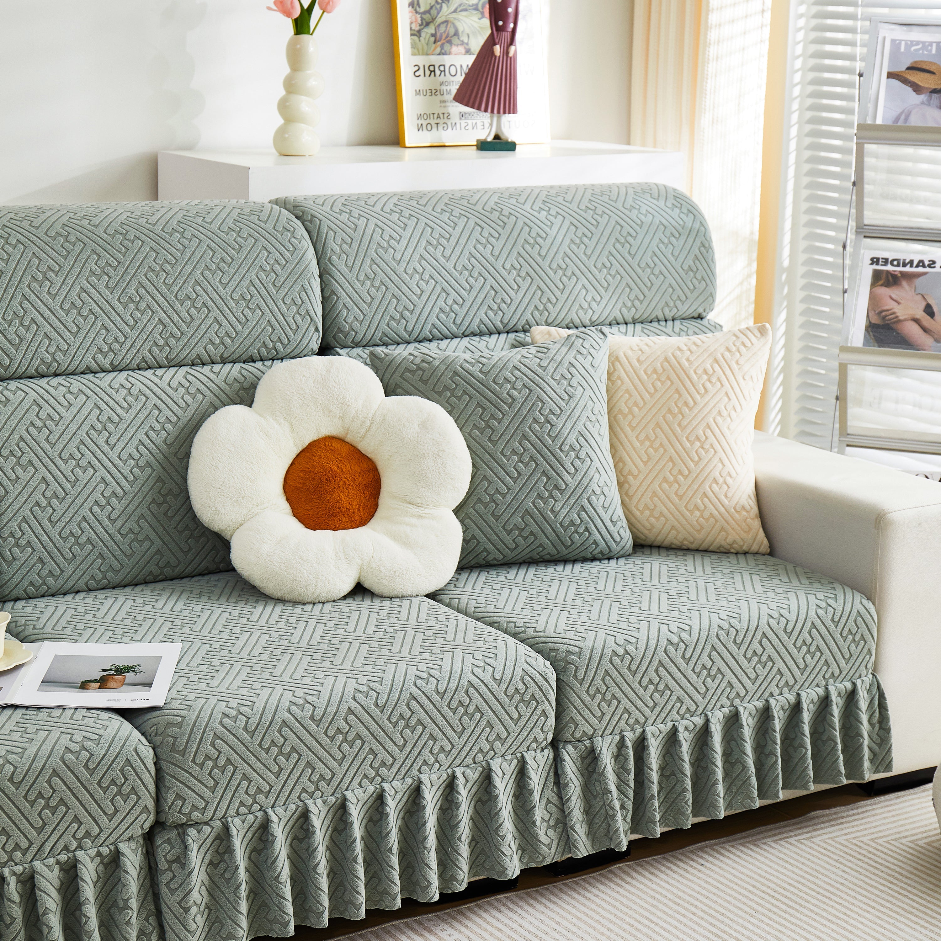 Stretch Sofa Covers With Skirt For Couch Seat And Cushion, Chaise, Sectional, 1/2/3/4 Seater Sofas