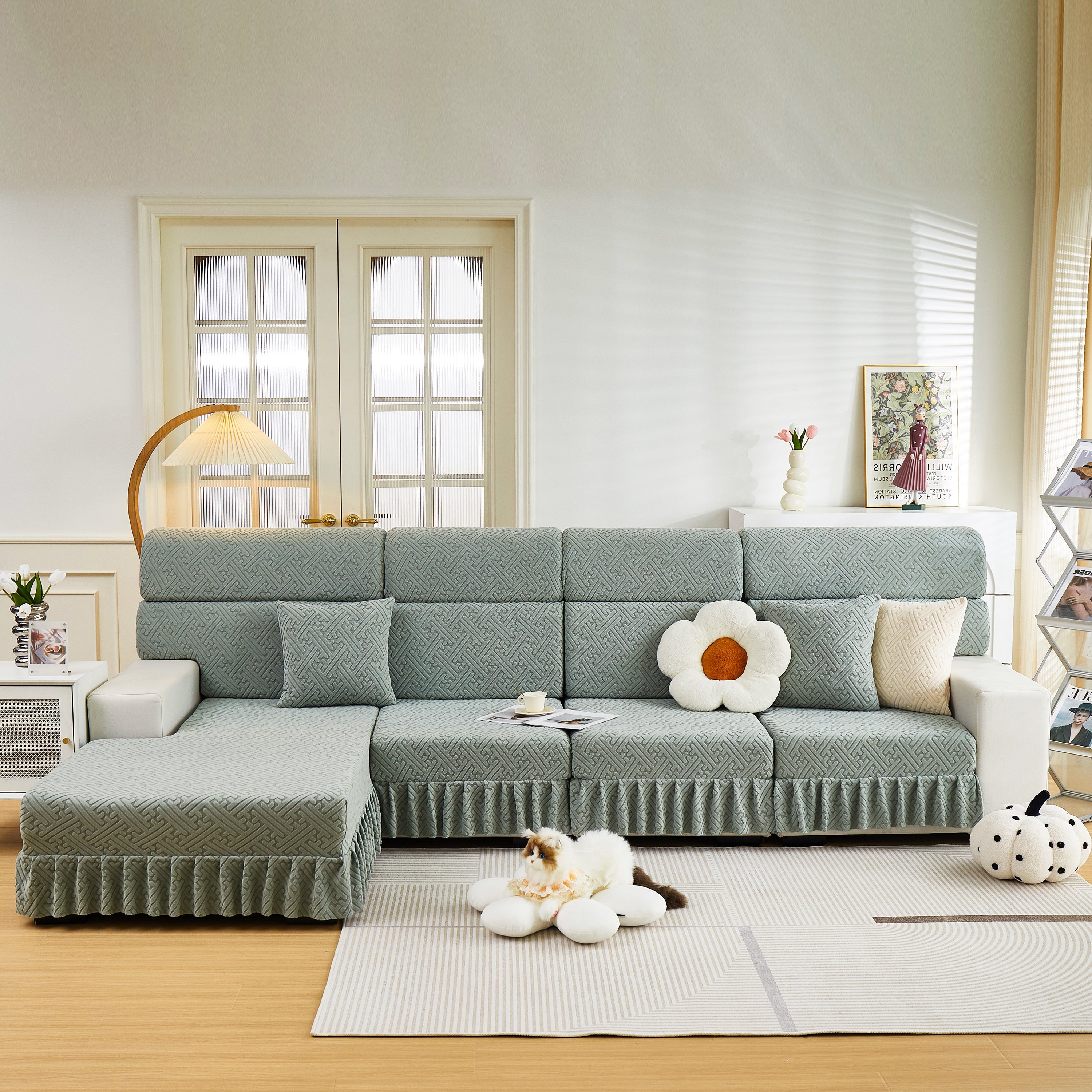 Stretch Sofa Covers With Skirt For Couch Seat And Cushion, Chaise, Sectional, 1/2/3/4 Seater Sofas