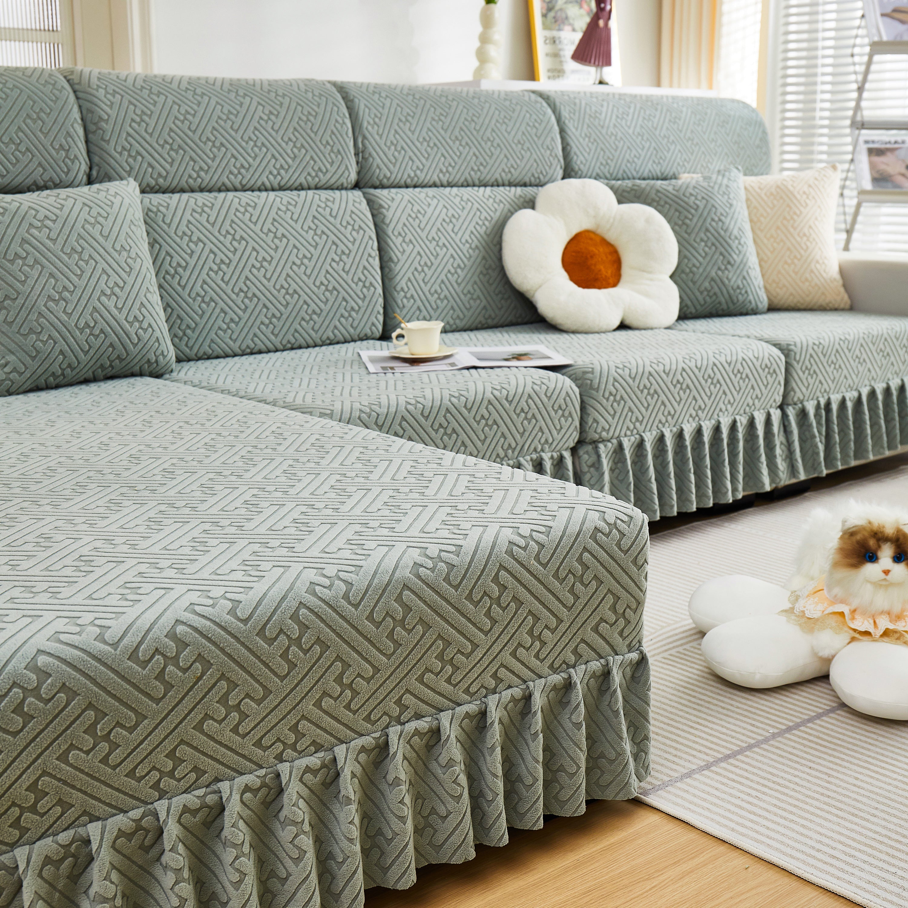 Stretch Sofa Covers With Skirt For Couch Seat And Cushion, Chaise, Sectional, 1/2/3/4 Seater Sofas