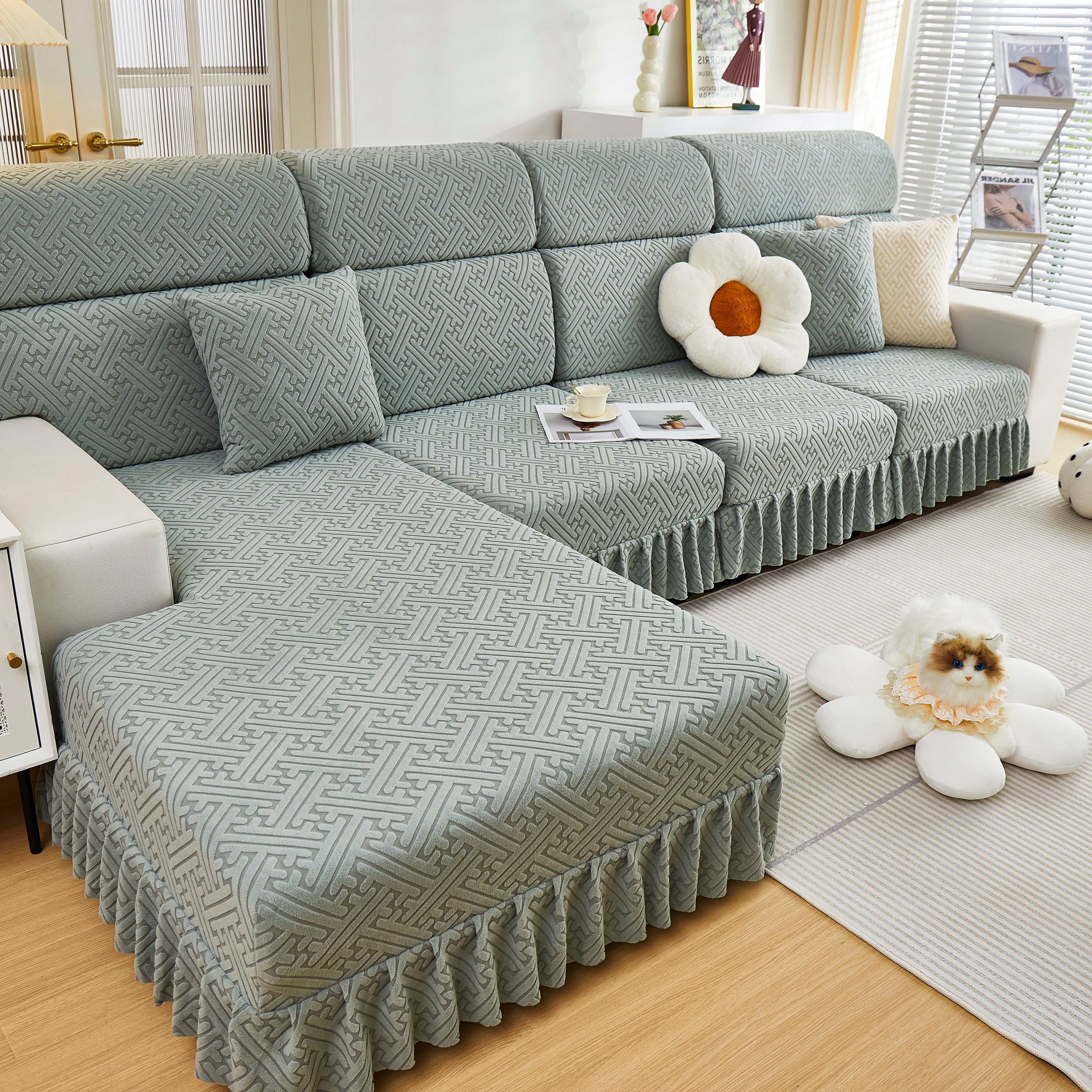 Stretch Sofa Covers With Skirt For Couch Seat And Cushion, Chaise, Sectional, 1/2/3/4 Seater Sofas