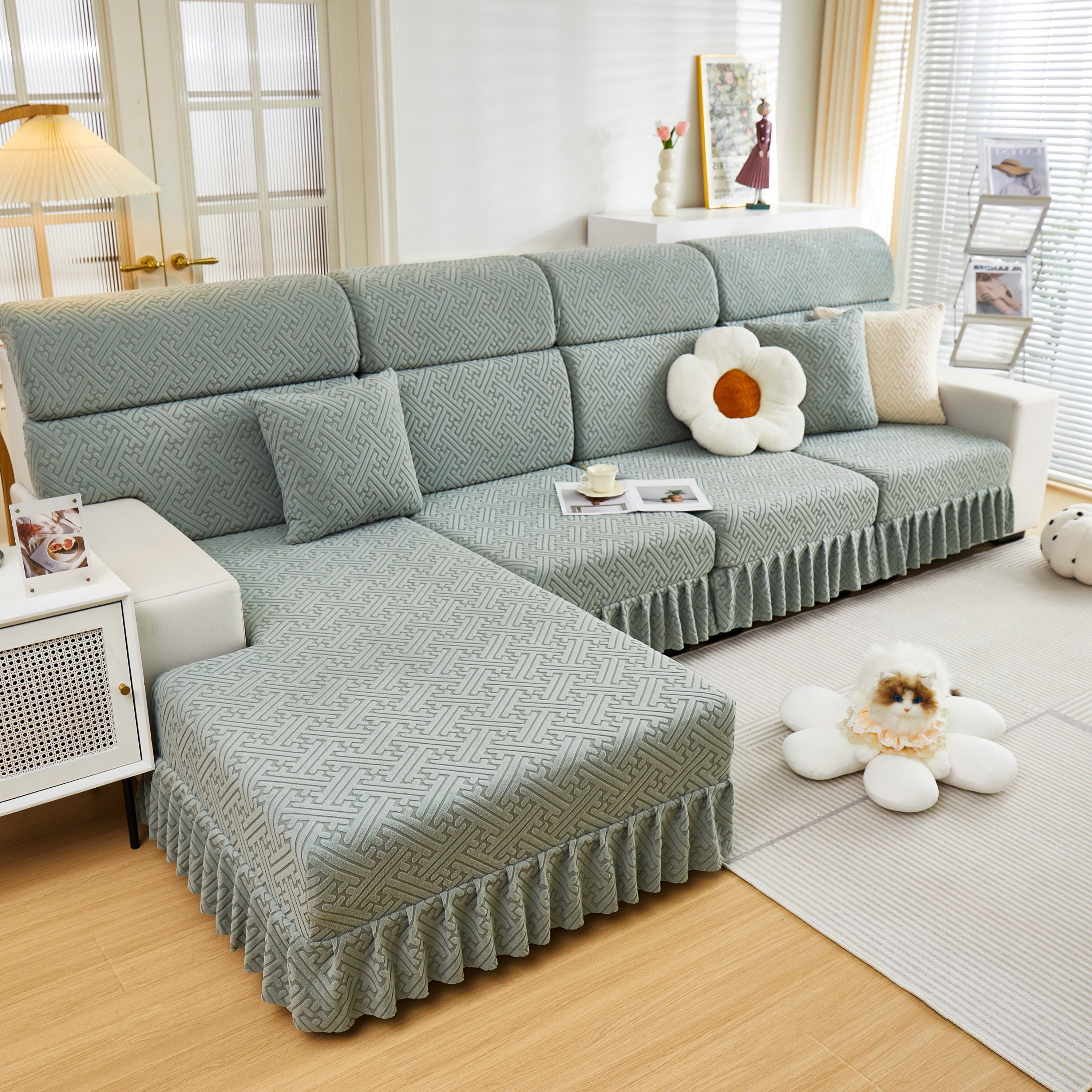 Stretch Sofa Covers With Skirt For Couch Seat And Cushion, Chaise, Sectional, 1/2/3/4 Seater Sofas