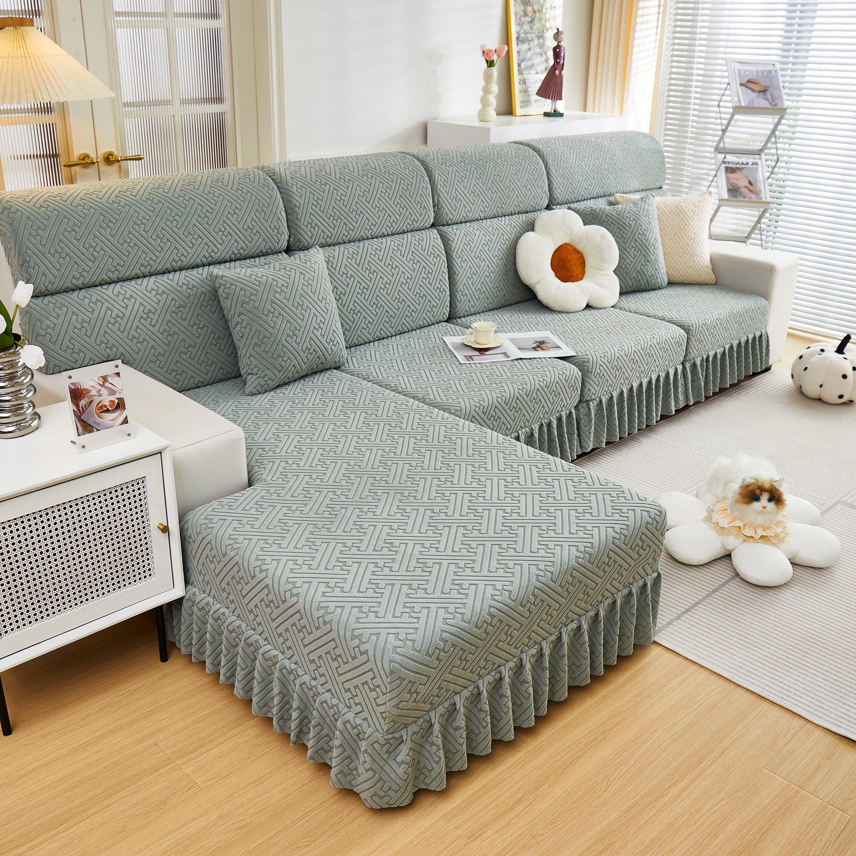 Stretch Sofa Covers With Skirt For Couch Seat And Cushion, Chaise, Sectional, 1/2/3/4 Seater Sofas