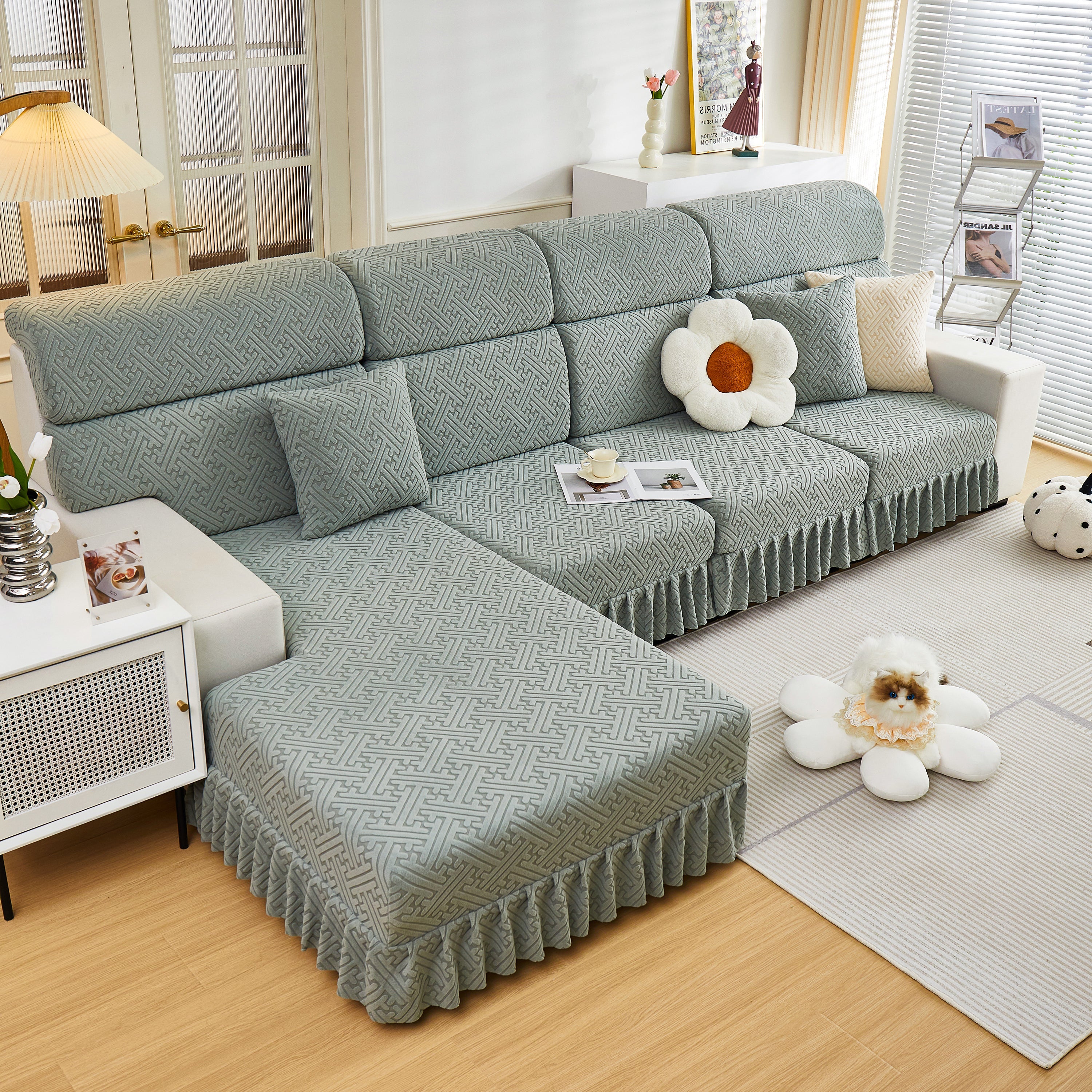 Stretch Sofa Covers With Skirt For Couch Seat And Cushion, Chaise, Sectional, 1/2/3/4 Seater Sofas