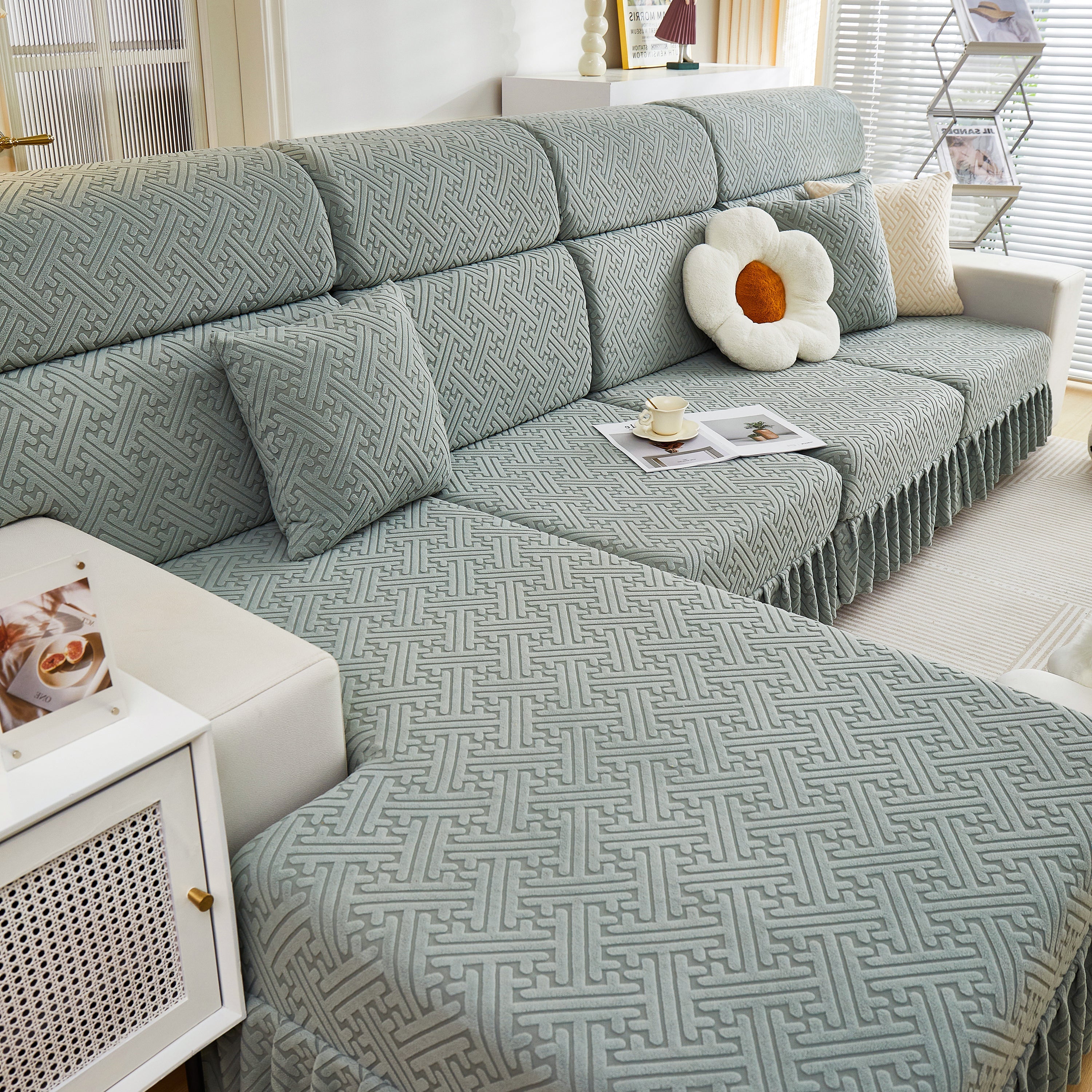 Stretch Sofa Covers With Skirt For Couch Seat And Cushion, Chaise, Sectional, 1/2/3/4 Seater Sofas