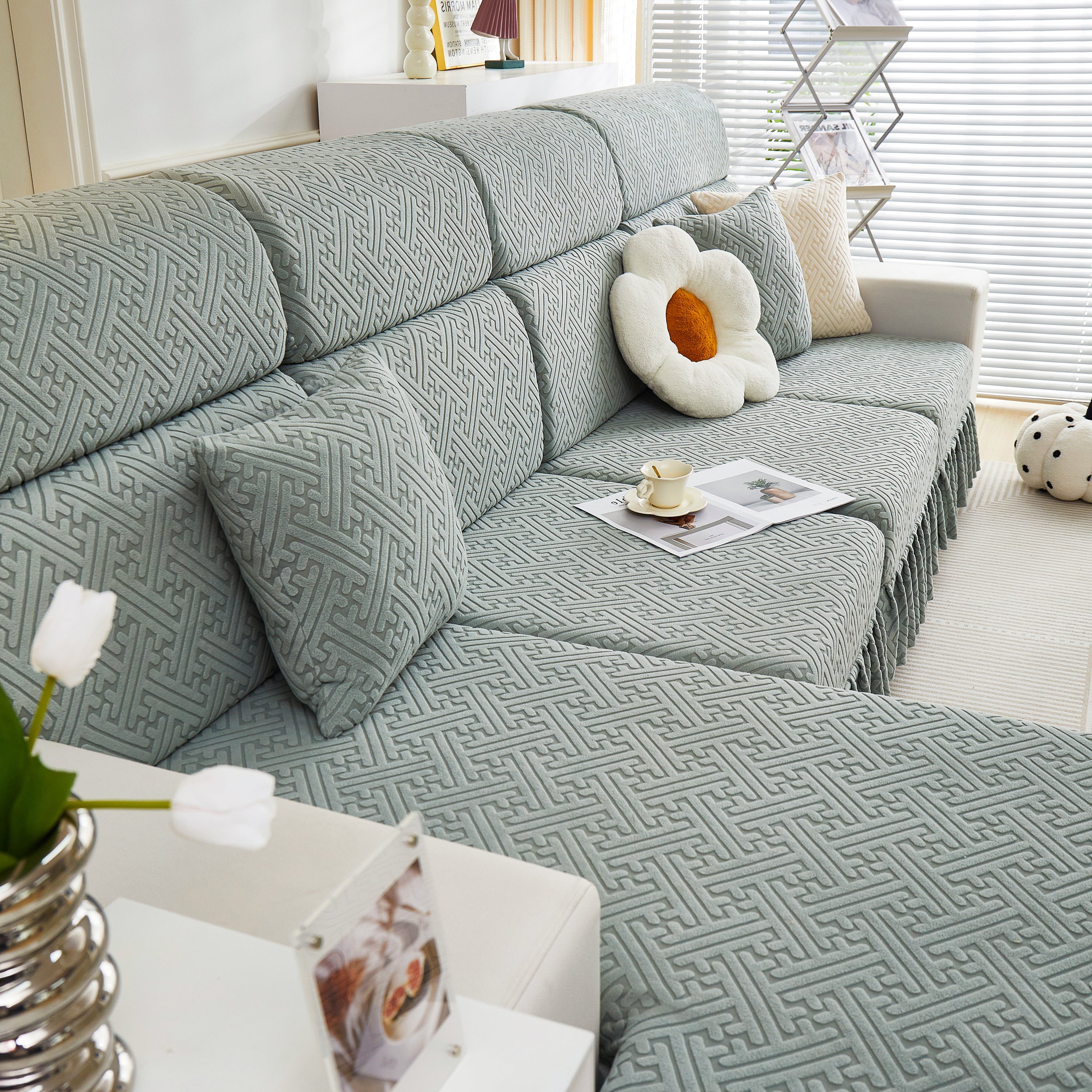 Stretch Sofa Covers With Skirt For Couch Seat And Cushion, Chaise, Sectional, 1/2/3/4 Seater Sofas