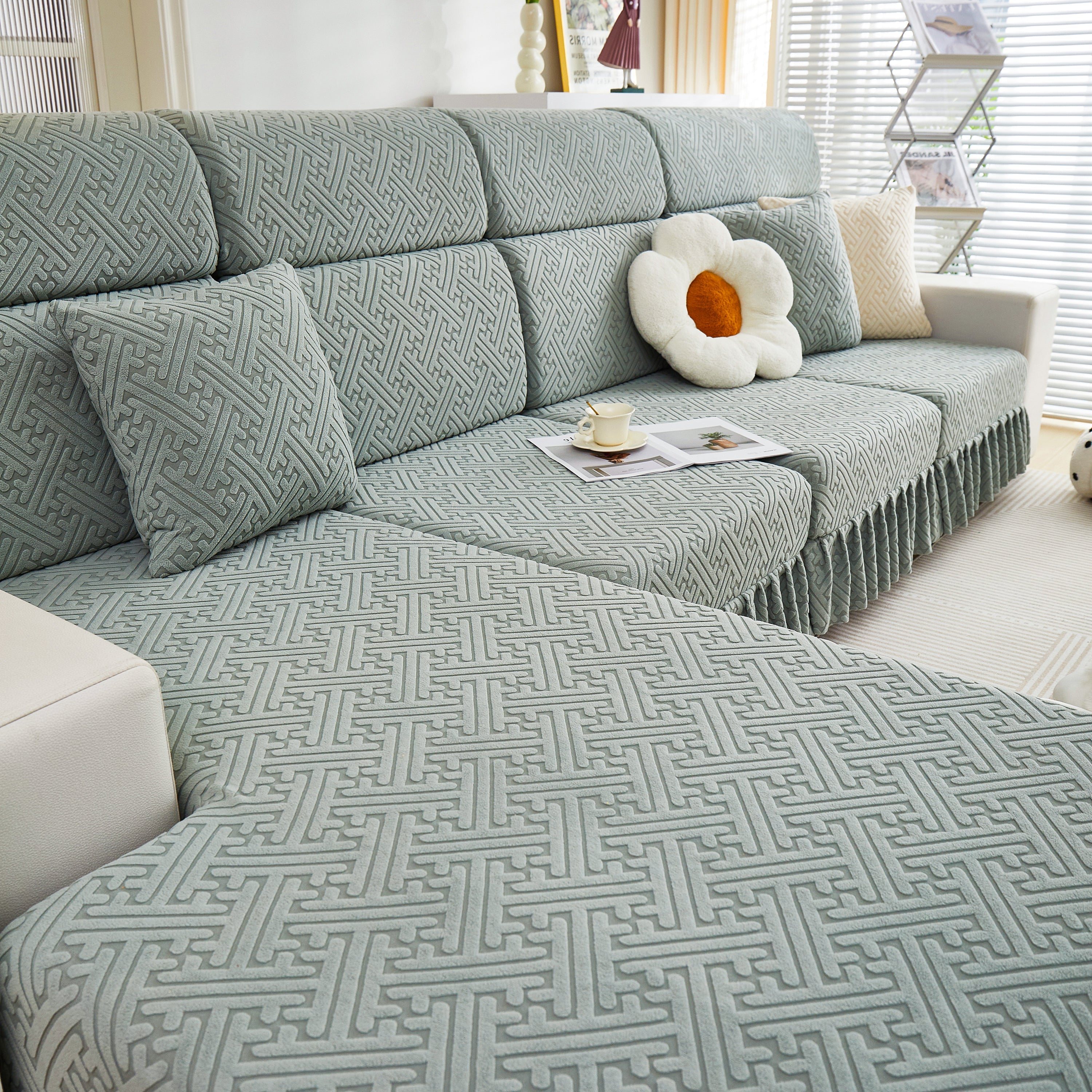 Stretch Sofa Covers With Skirt For Couch Seat And Cushion, Chaise, Sectional, 1/2/3/4 Seater Sofas