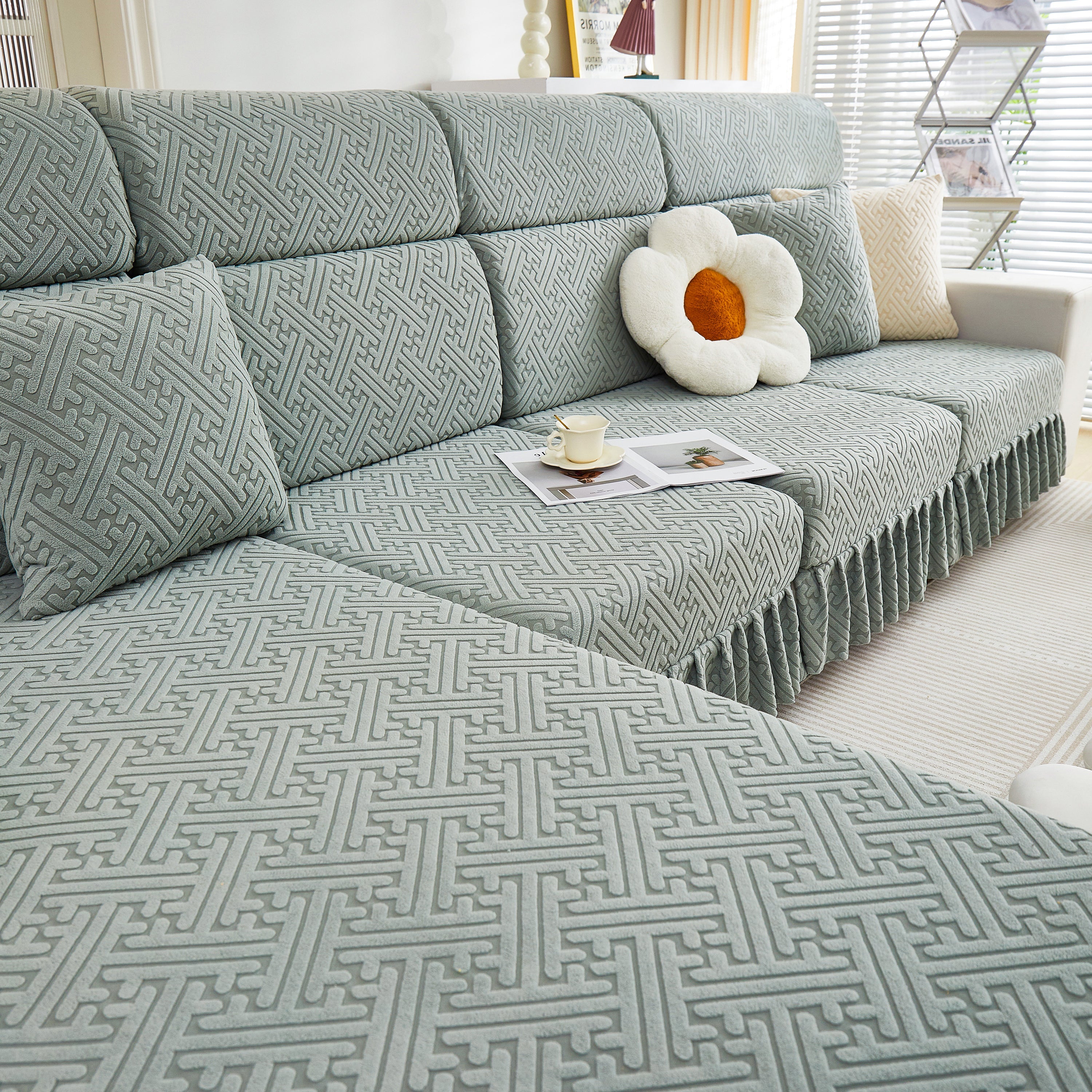 Stretch Sofa Covers With Skirt For Couch Seat And Cushion, Chaise, Sectional, 1/2/3/4 Seater Sofas