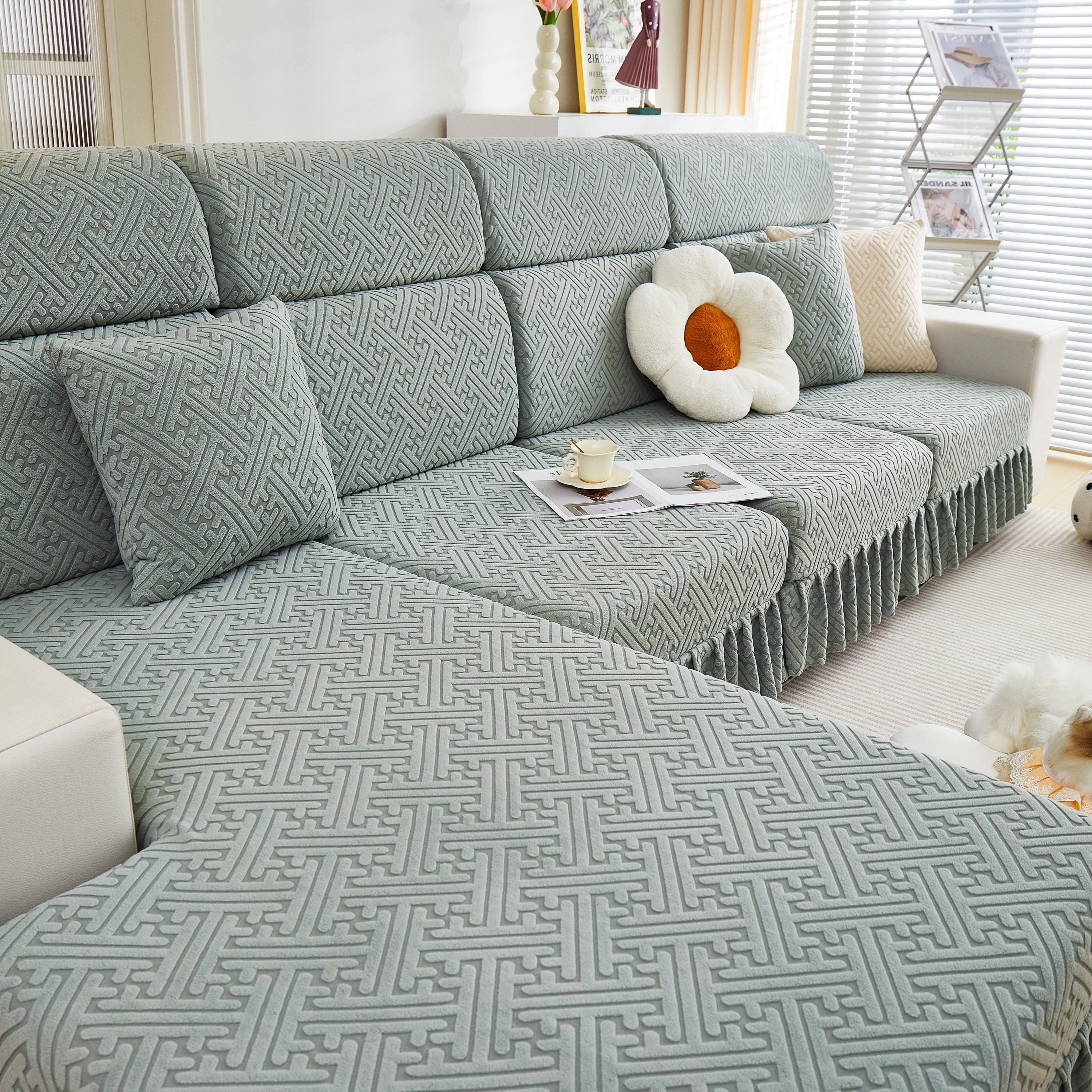 Stretch Sofa Covers With Skirt For Couch Seat And Cushion, Chaise, Sectional, 1/2/3/4 Seater Sofas