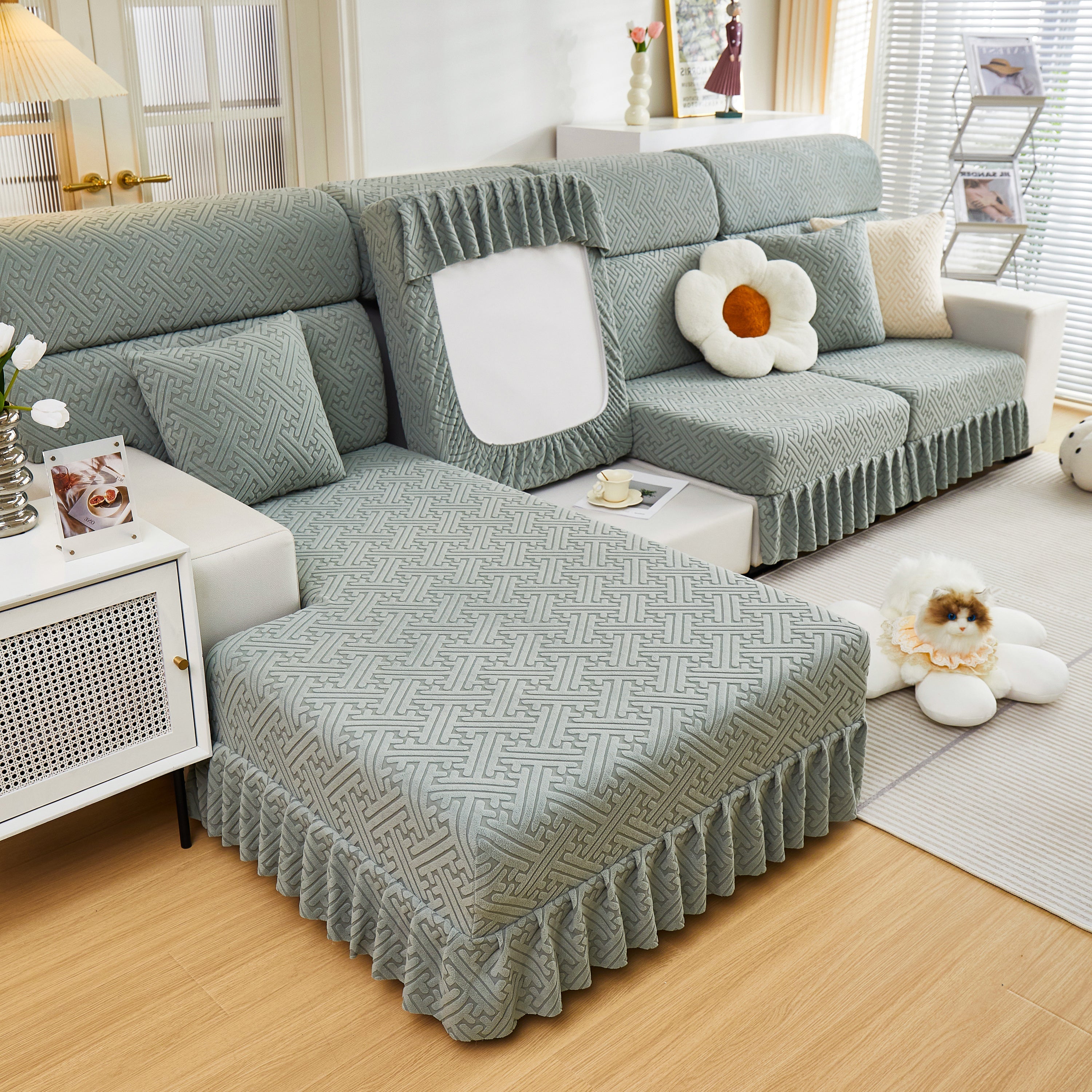 Stretch Sofa Covers With Skirt For Couch Seat And Cushion, Chaise, Sectional, 1/2/3/4 Seater Sofas