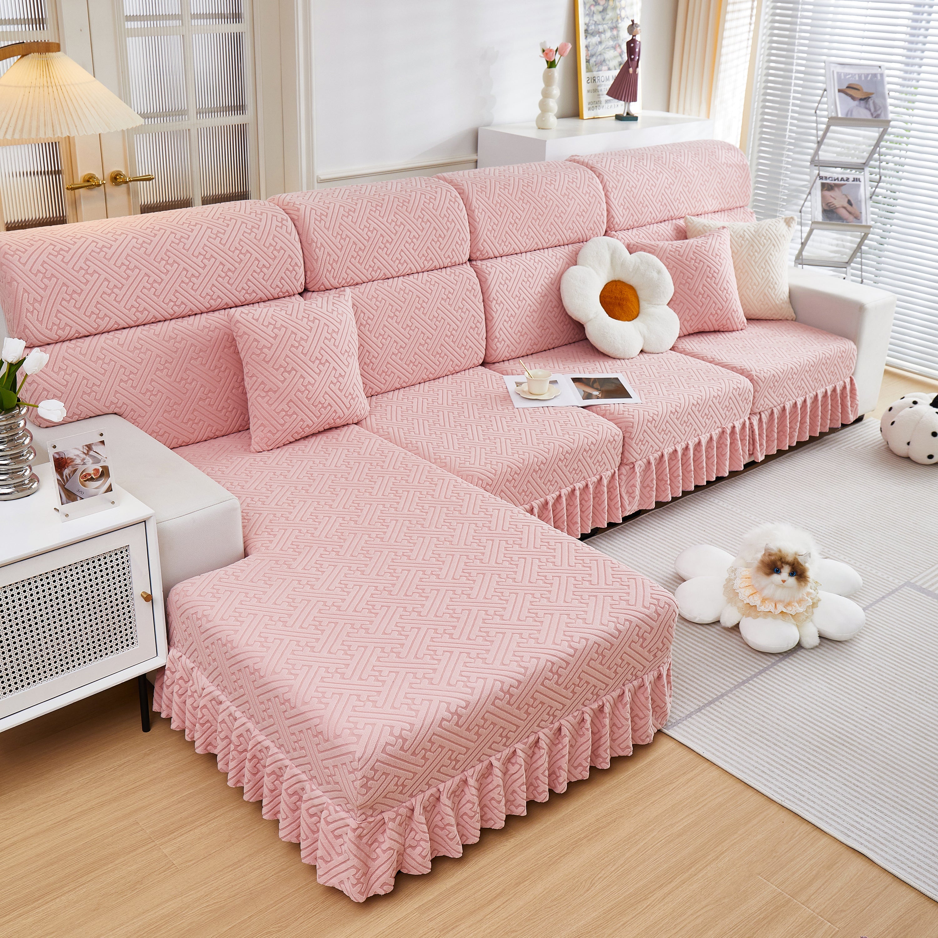 Stretch Sofa Covers With Skirt For Couch Seat And Cushion, Chaise, Sectional, 1/2/3/4 Seater Sofas