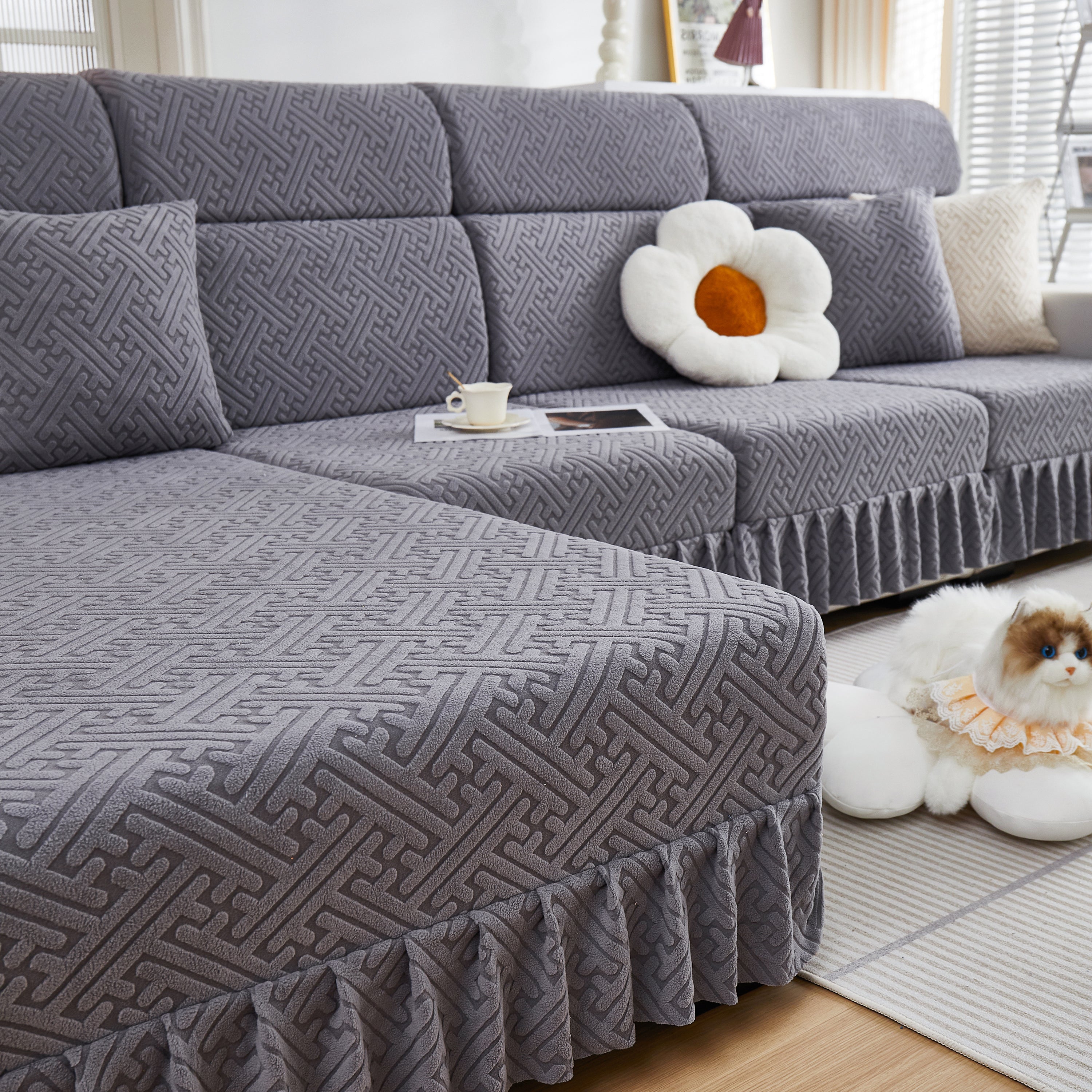 Stretch Sofa Covers With Skirt For Couch Seat And Cushion, Chaise, Sectional, 1/2/3/4 Seater Sofas