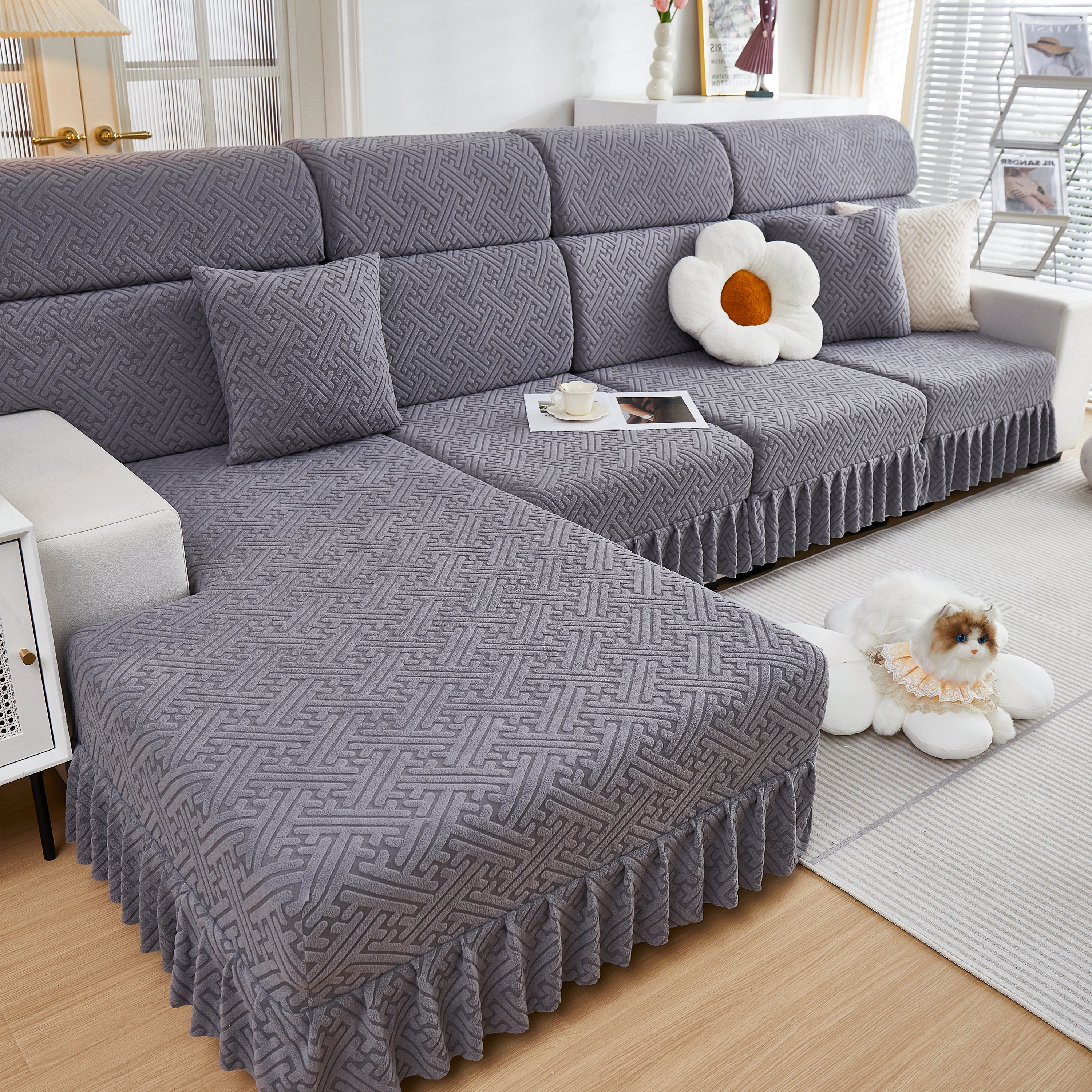 Stretch Sofa Covers With Skirt For Couch Seat And Cushion, Chaise, Sectional, 1/2/3/4 Seater Sofas