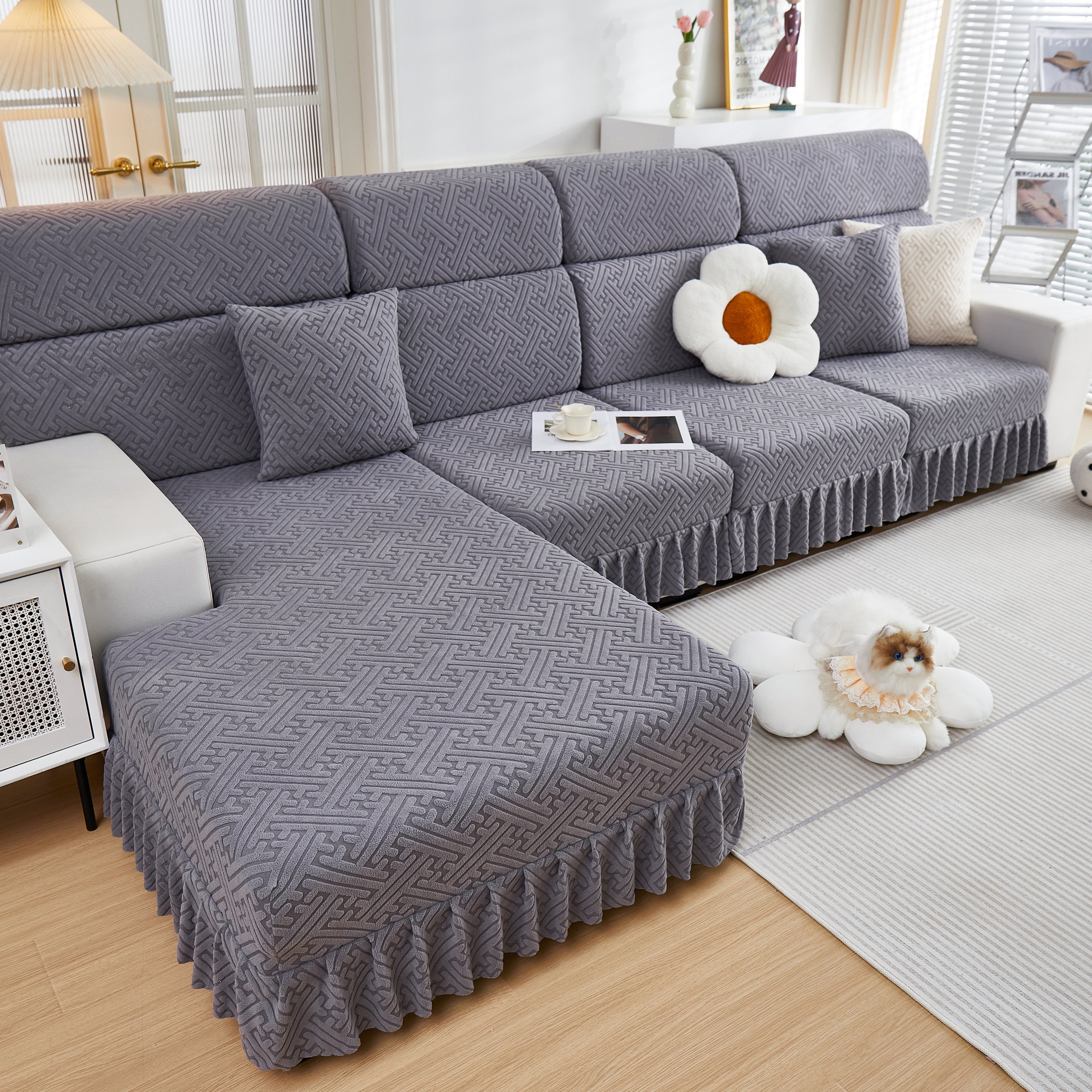 Stretch Sofa Covers With Skirt For Couch Seat And Cushion, Chaise, Sectional, 1/2/3/4 Seater Sofas